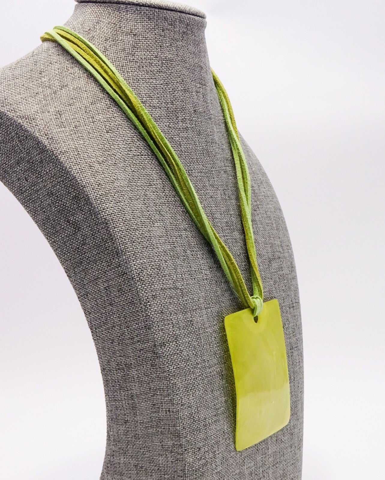 Green Leather Necklace w/ Large Shell Pendant Boho Hippie 16" - 19"