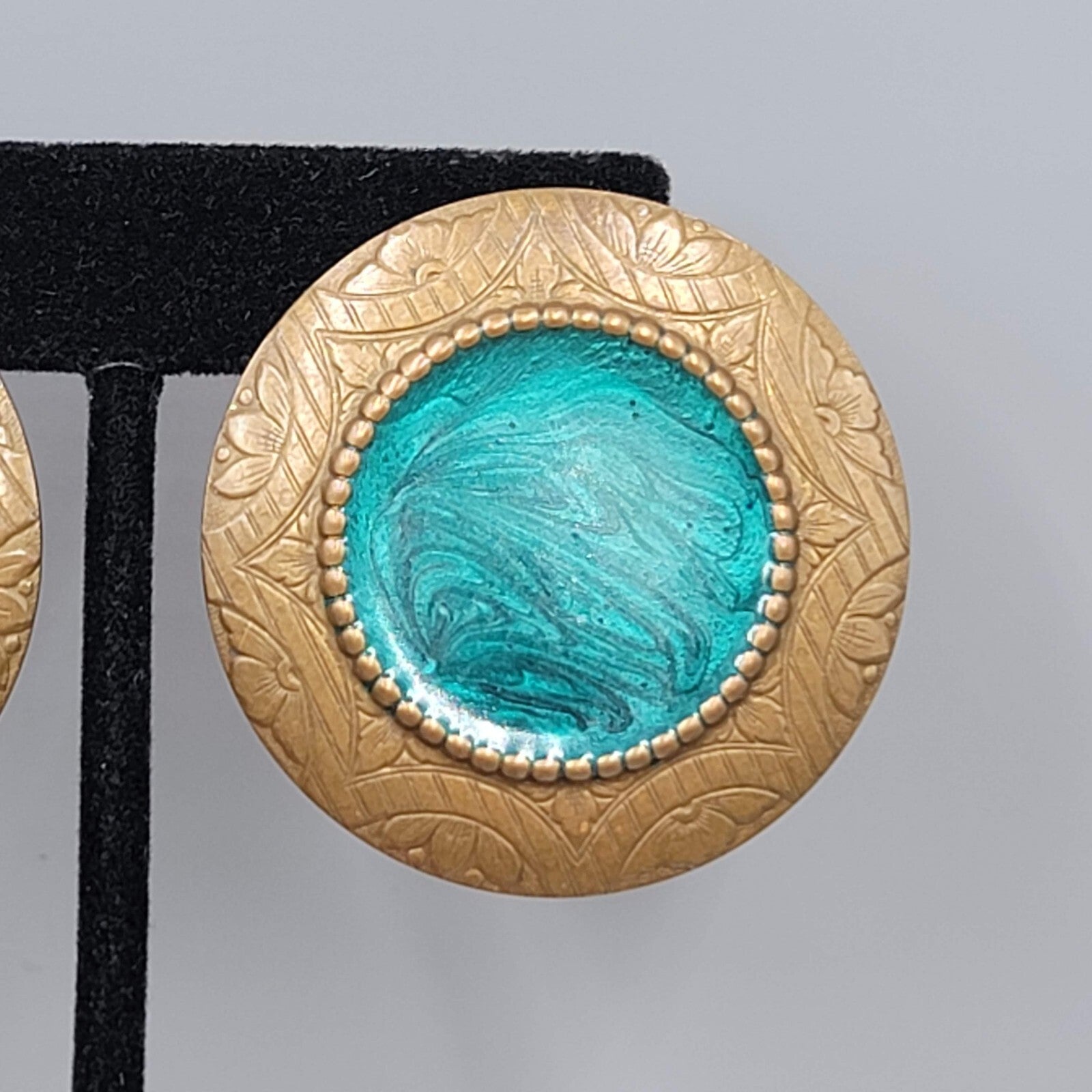 Large Round Pierced Earrings Bronze tone Green Swirl Enamel Drop 1 5/8"
