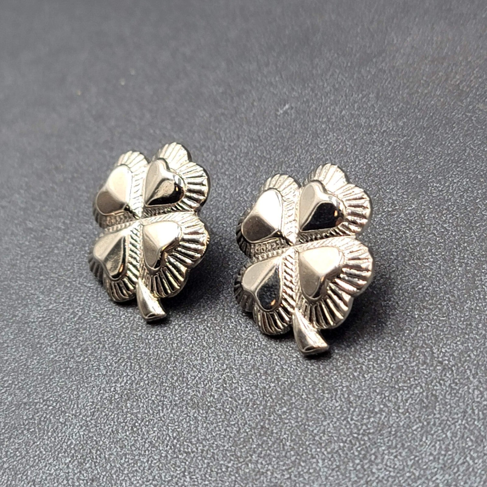 Vintage Pierced Earrings Shiny Silver tone 4 Leaf Shamrocks 1"