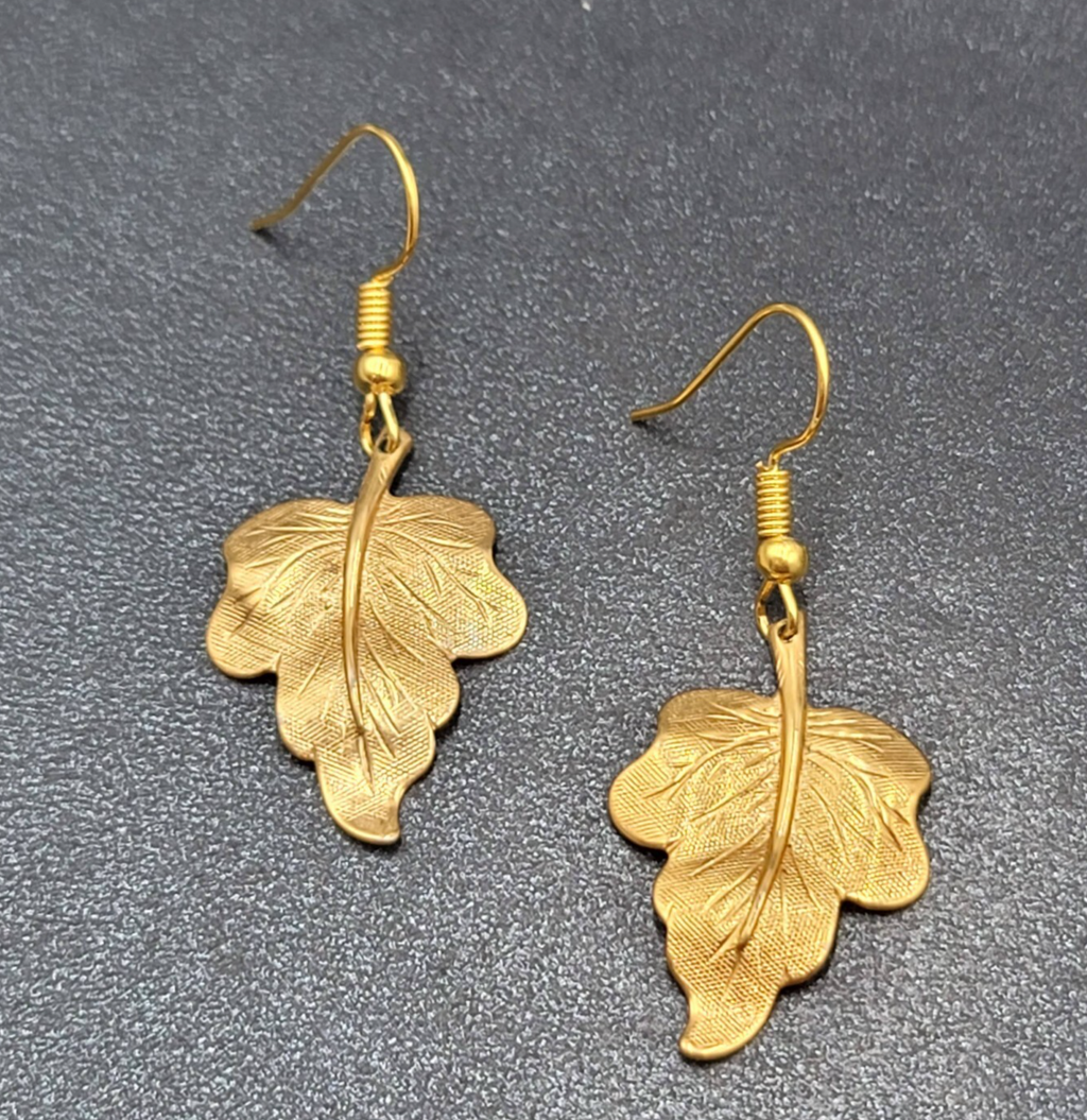 Pierced Earrings Brushed Gold Plated Dangle Detailed Leaves 1 1/8"