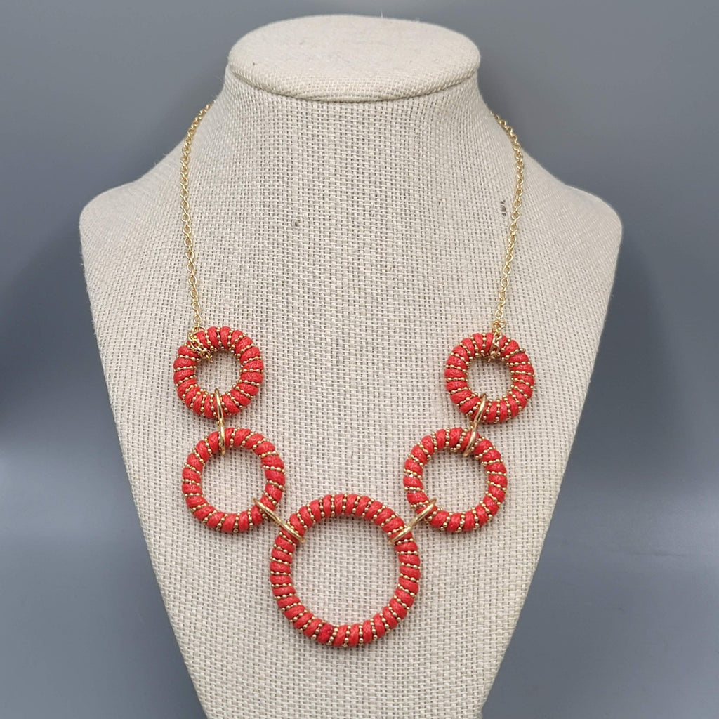 Red Cord Wrapped Rings Necklace Gold tone Chain 16"- 18"