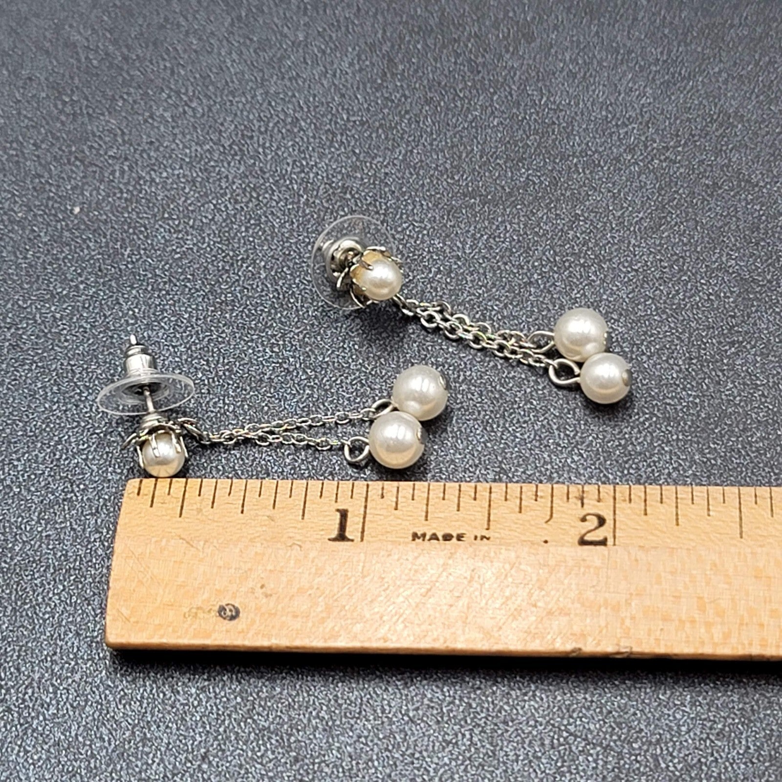 Vintage Pierced Earrings Silver tone White Bead Dangle Chains 1 3/8"