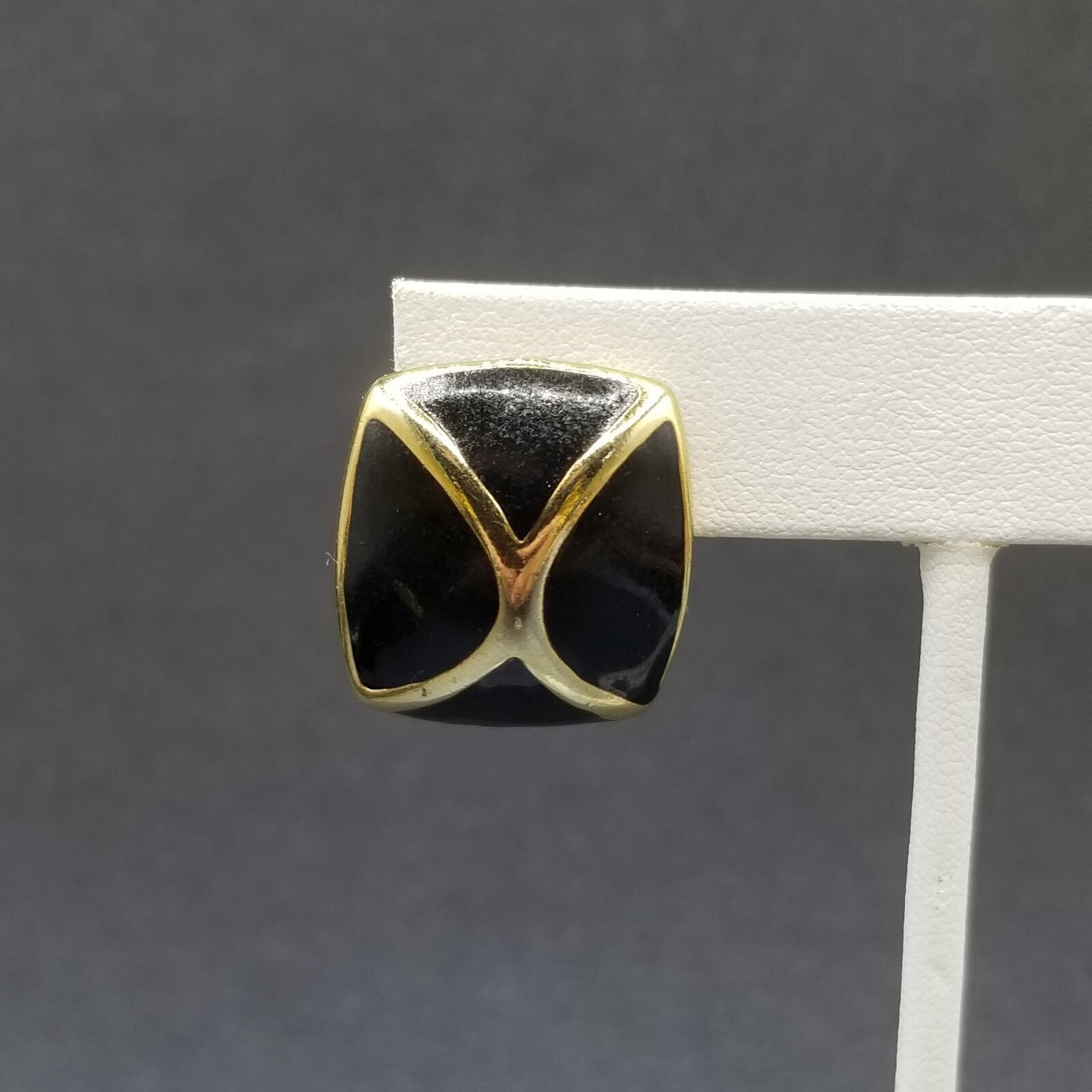 Vintage Clip on Earrings Gold tone Black Enamel Geometric Drop Stud 1"
