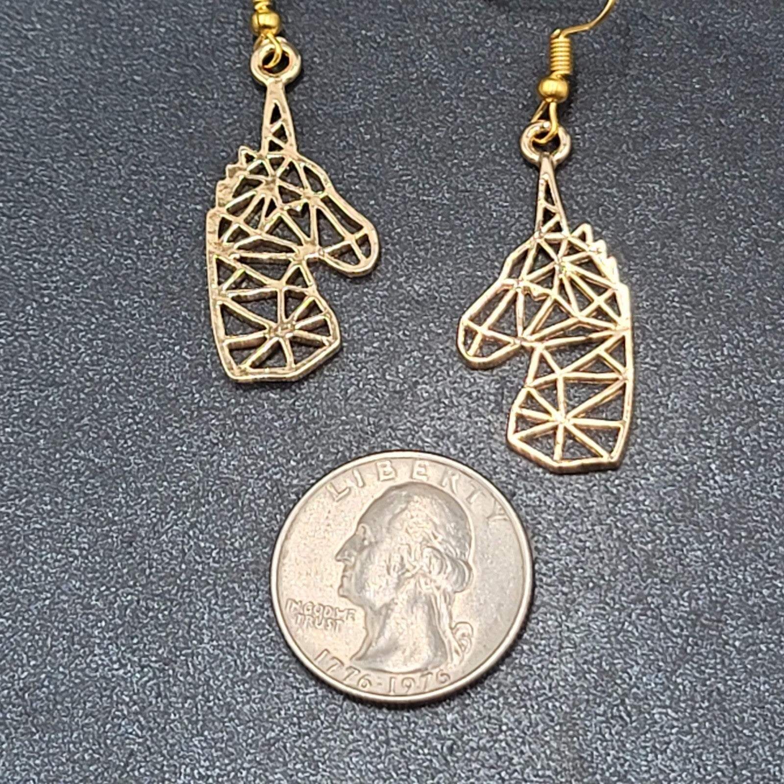 Unicorn Pierced Earrings Gold tone Open Geometric Dangle 1 3/8"