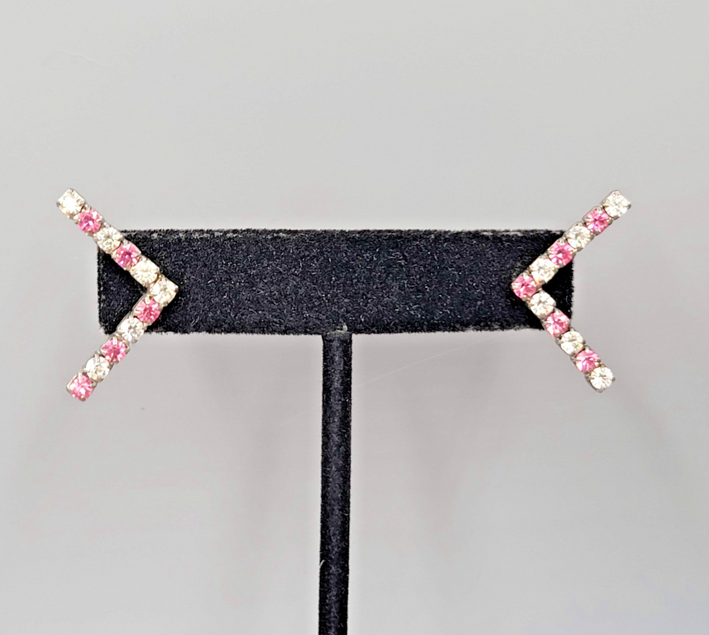 Pink Clear Rhinestones Pierced Earrings Silver tone Drop 1"