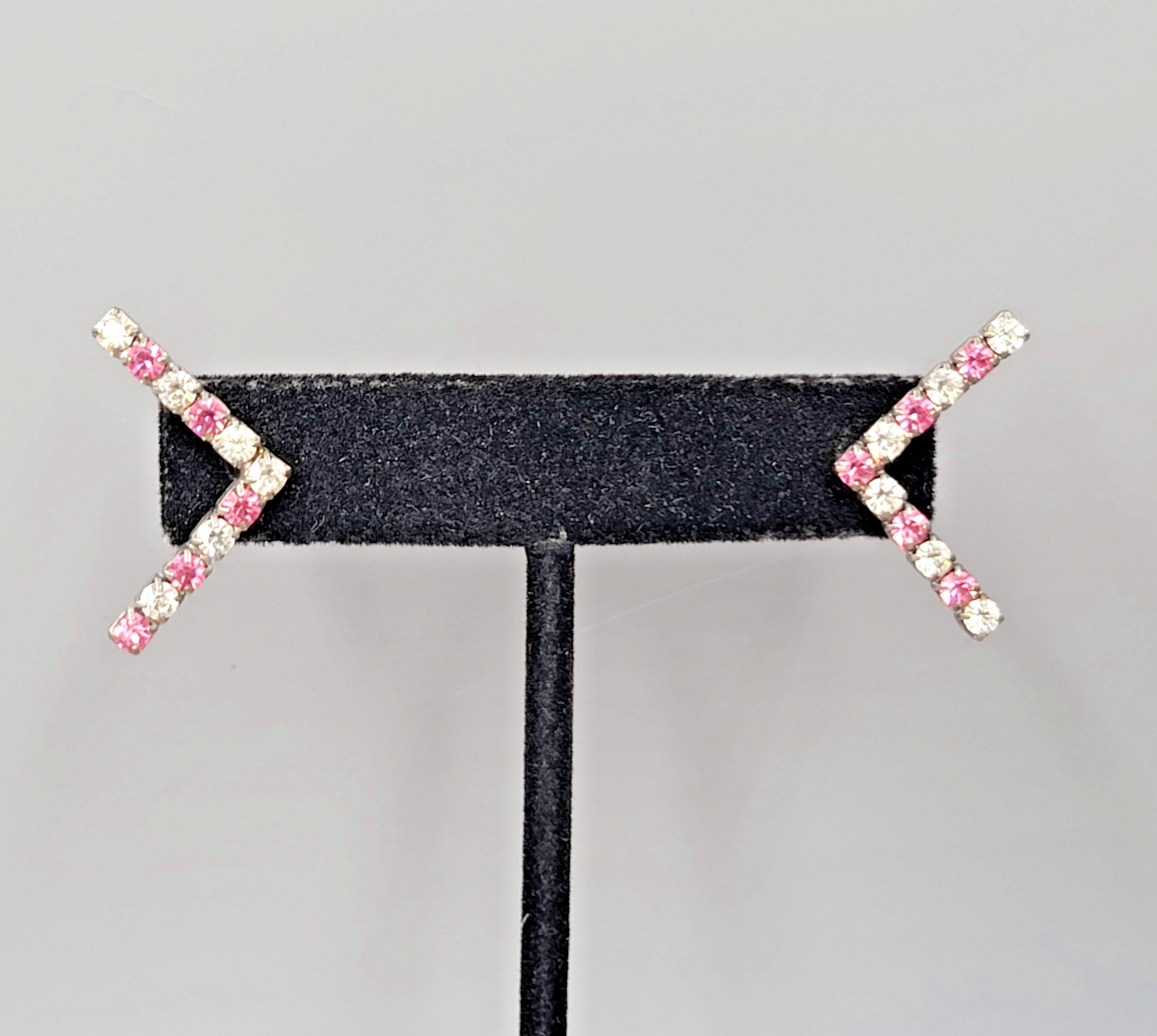 Pink Clear Rhinestones Pierced Earrings Silver tone Drop 1"