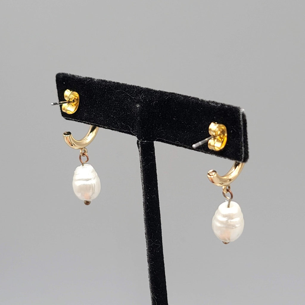 Hoop Pierced Earrings Gold tone White Bead Dangle 1.25 in
