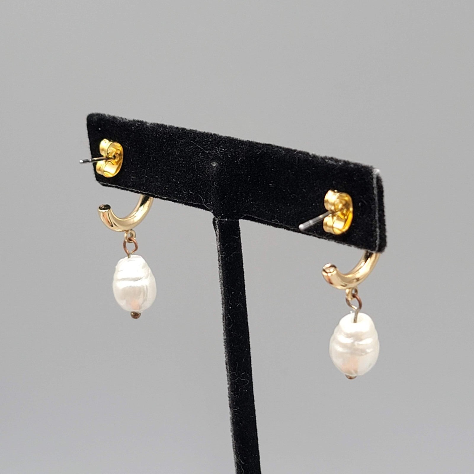 Hoop Pierced Earrings Gold tone White Bead Dangle 1.25 in