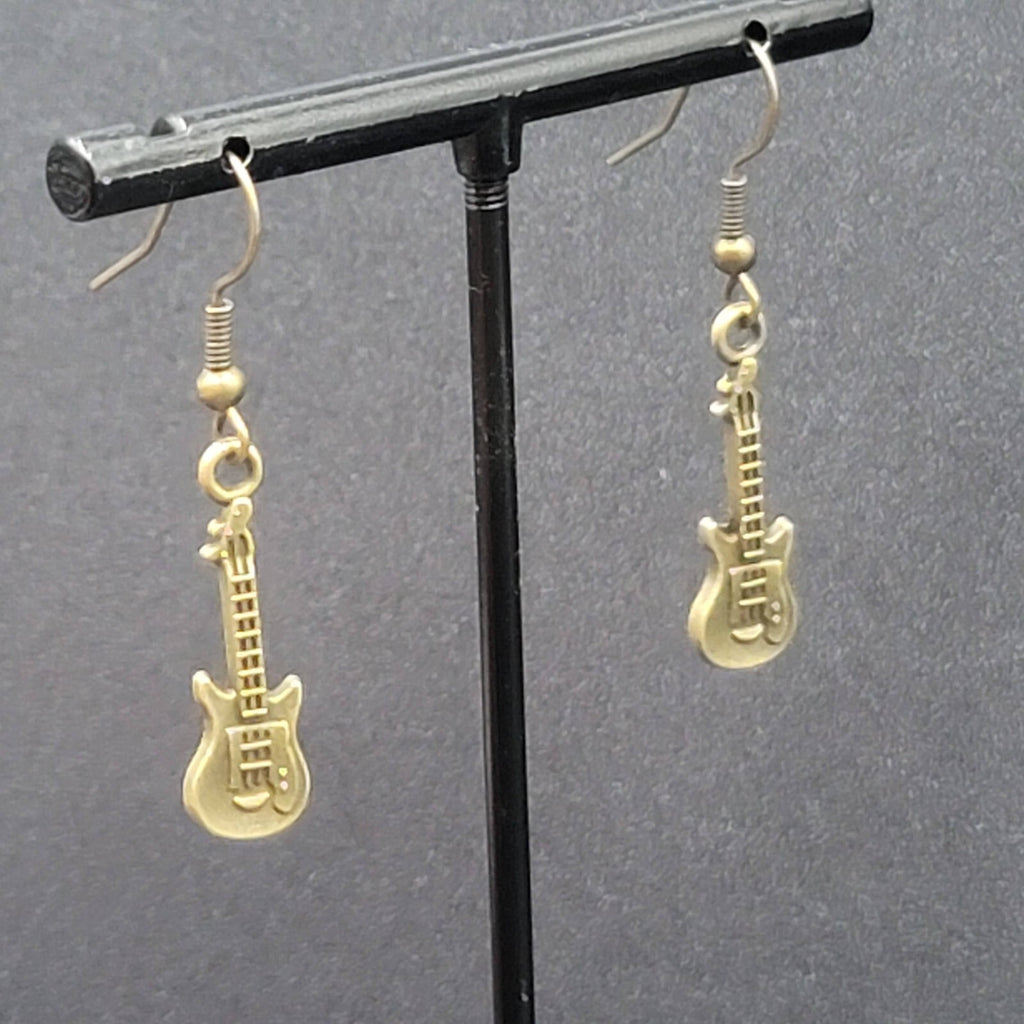 Electric Guitar Pierced Earrings Bronze tone Embossed Dangle 1"