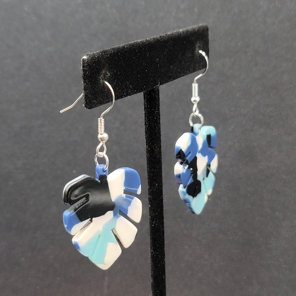 Pierced Earrings Blue White Black Resin Palm Leaf Dangle 1.25"