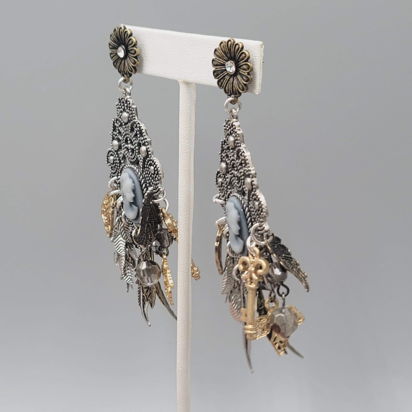 Statement Cameo Charm Pierced Earrings Tri-tone Dangle 3.75"