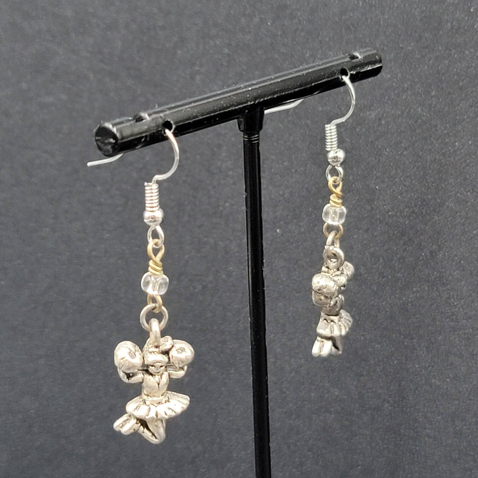 Cheerleader Pierced Earrings Silver tone Beaded Dangle 1.25"