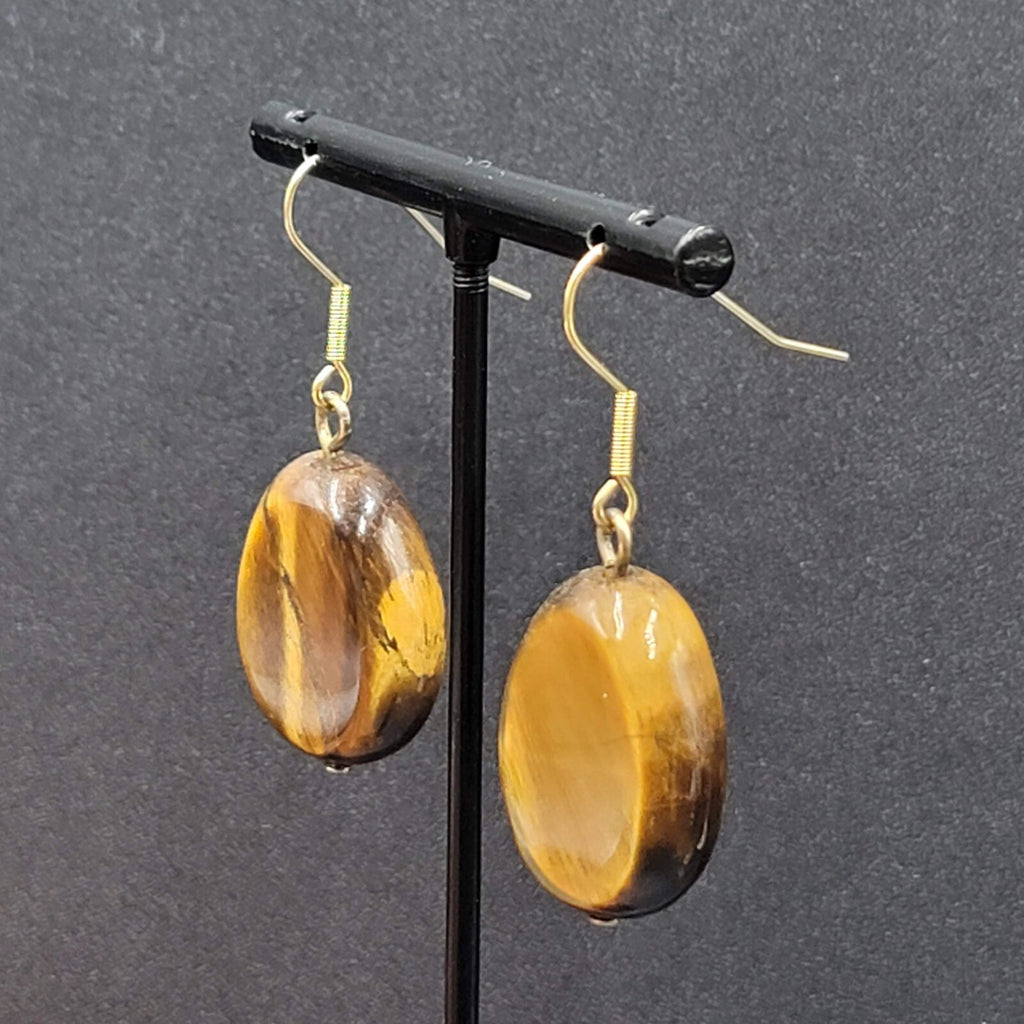 Pierced Earrings Gold tone Tigers Eye Teardrop Dangle 1 1/8"