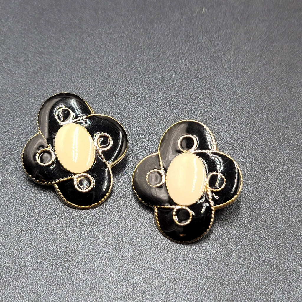 Vintage Pierced Earrings Black Cream Enamel Large Statement 1.5"