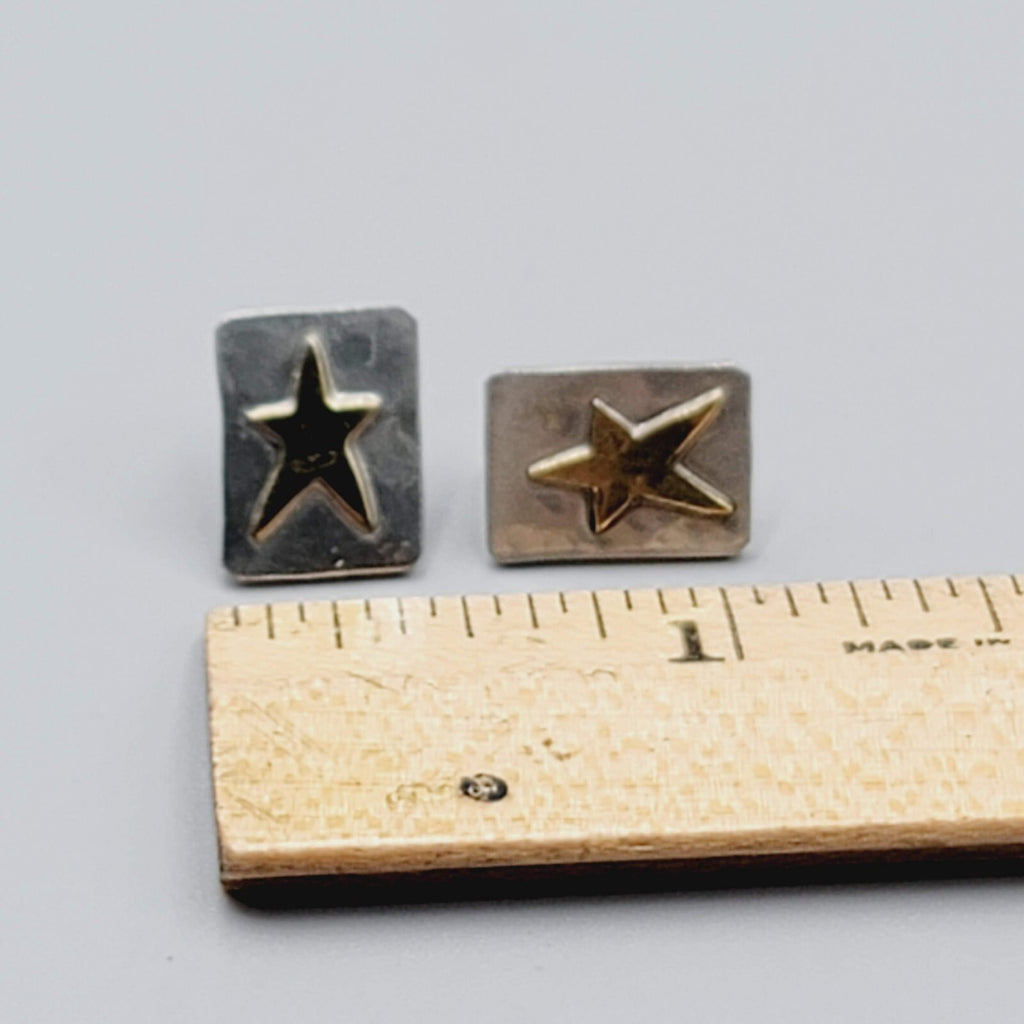 Vintage Don Miller Pierced Earrings Brass Pewter Star Rectangle Studs 1/2"