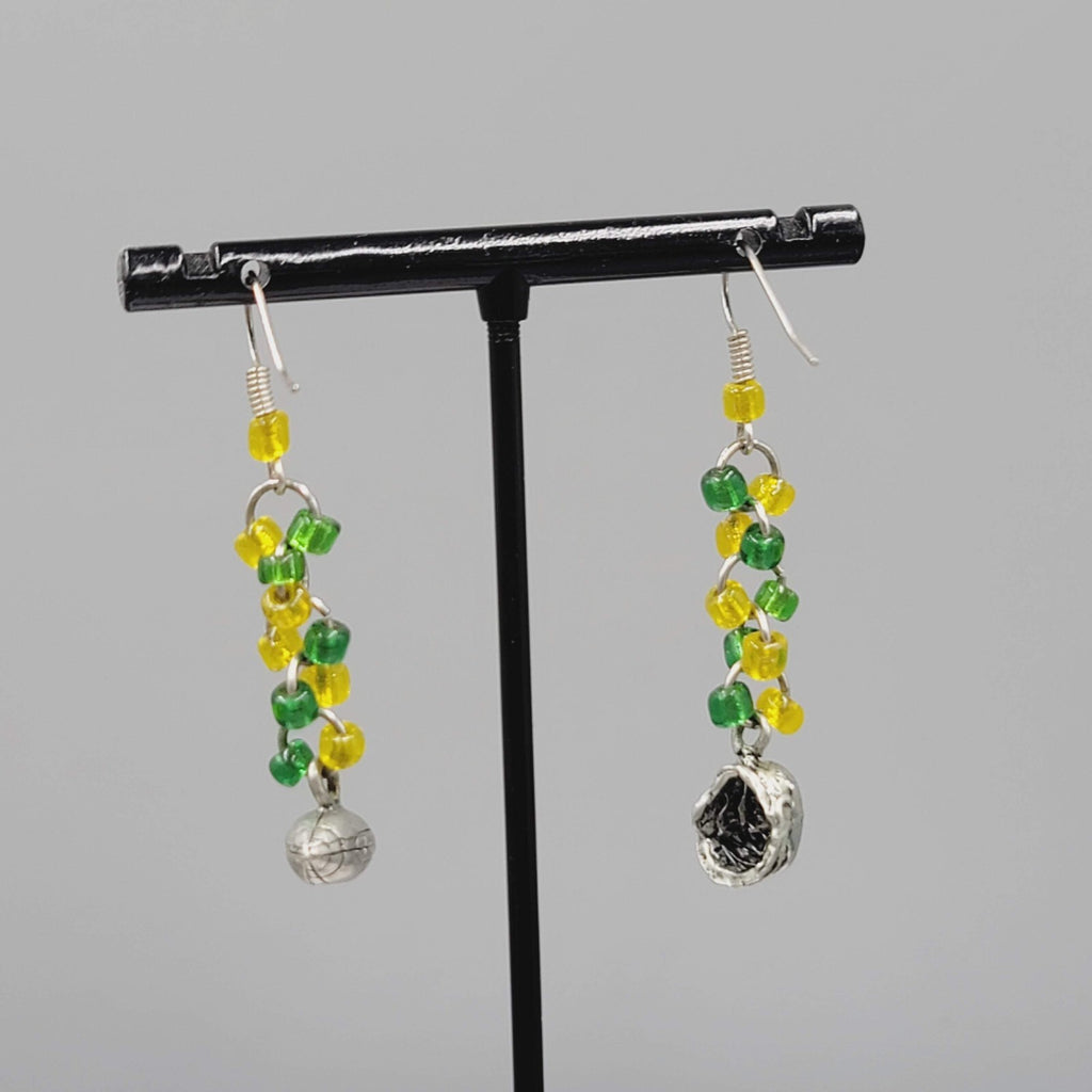 Football Charm Pierced Earrings Green Yellow Bead Dangle 1.5"