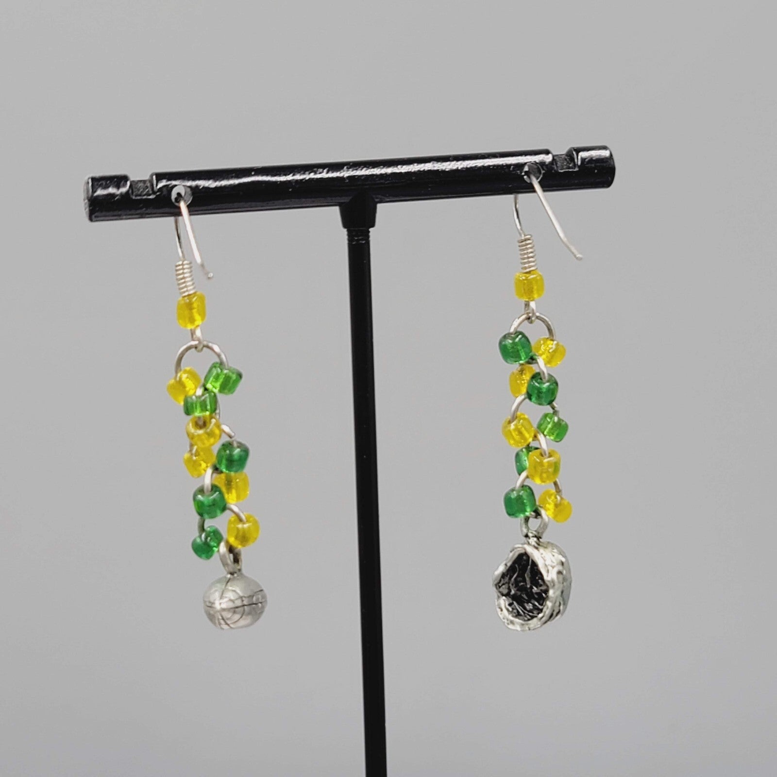 Football Charm Pierced Earrings Green Yellow Bead Dangle 1.5"