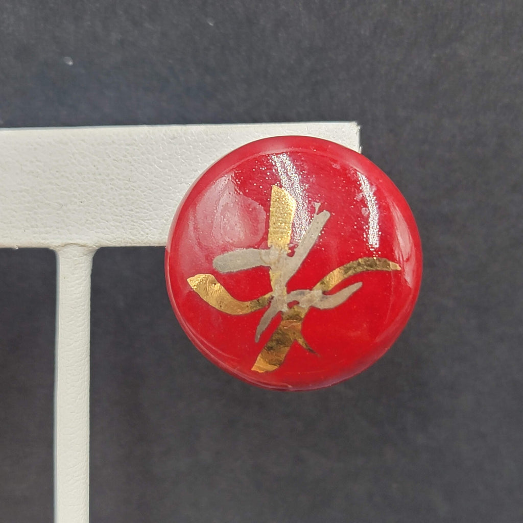 Vintage Pierced Earrings Red Hand Painted Round Pottery Drop  1"