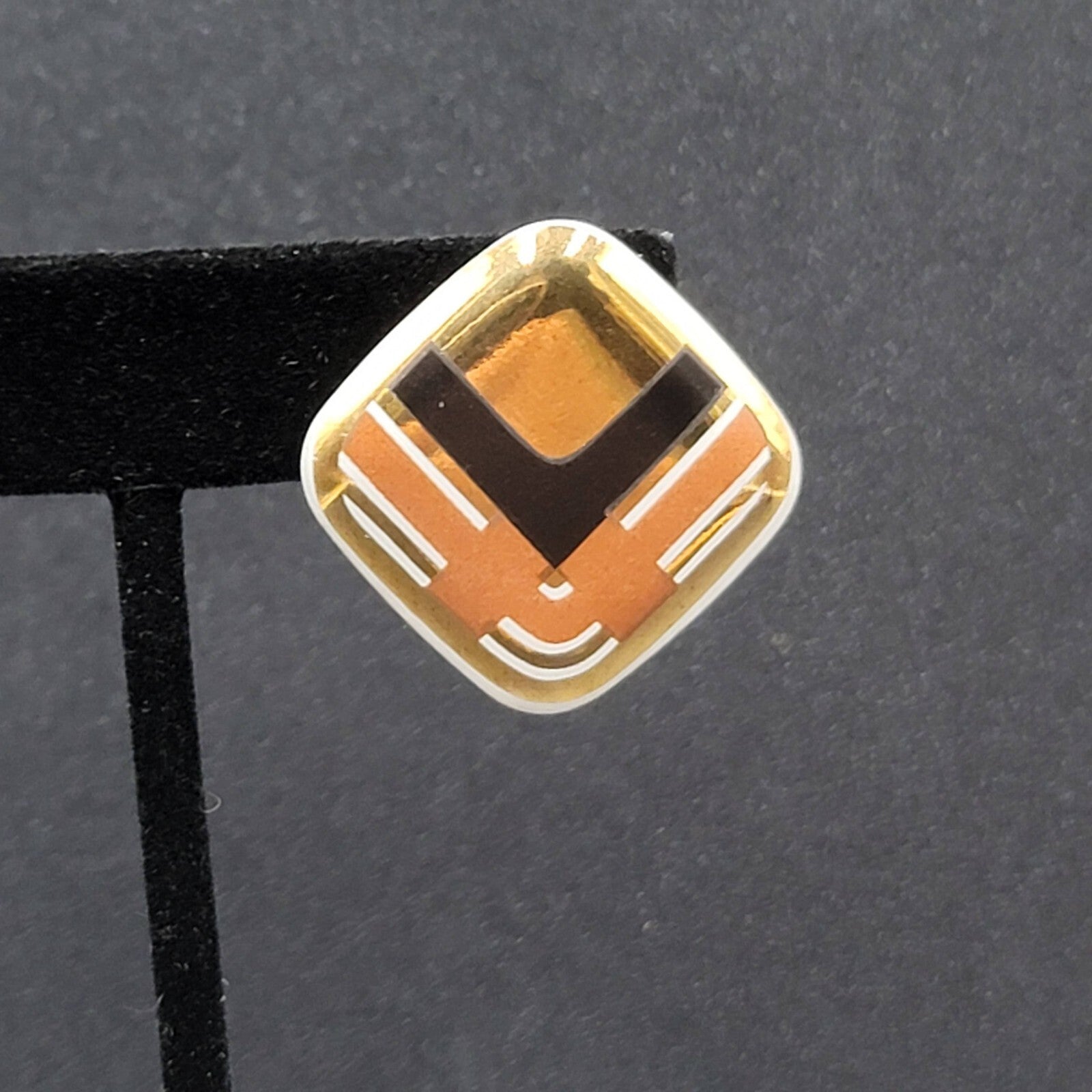 Vintage Pierced Earrings Ceramic Gold Black Brown Painted Square Drop 1"