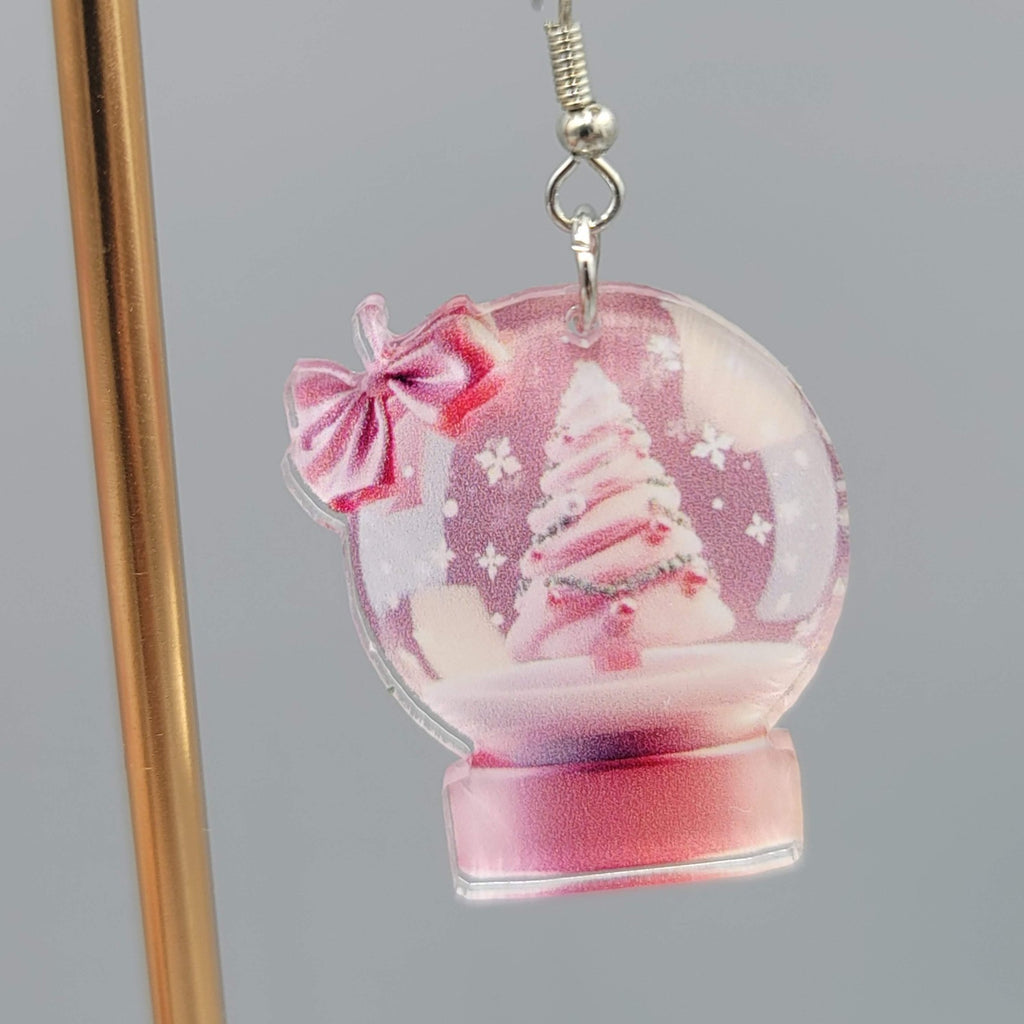 Christmas Snow Globe Pierced Earrings Silver tone Dangle Pink Tree Acrylic 1.25"