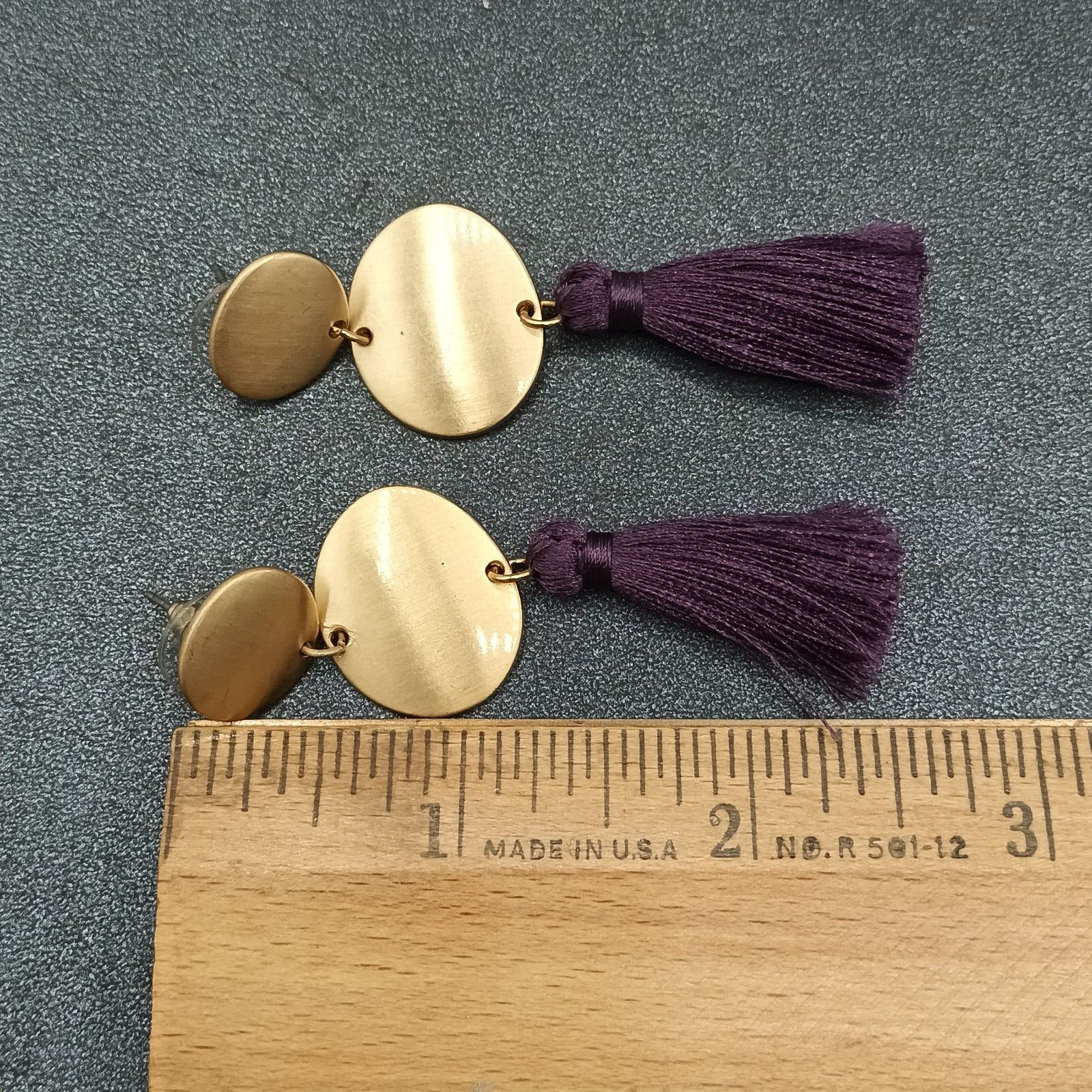 Pierced Earrings Gold tone Purple Tassel Statement Dangle 2 5/8"