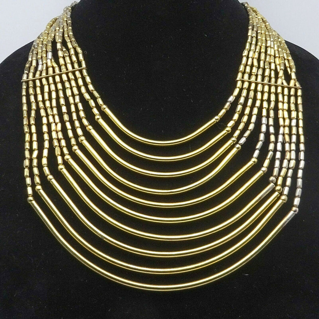 Large Multi Strand Statemet Necklace 18" Two-toned Gold & Silver Metal Beads