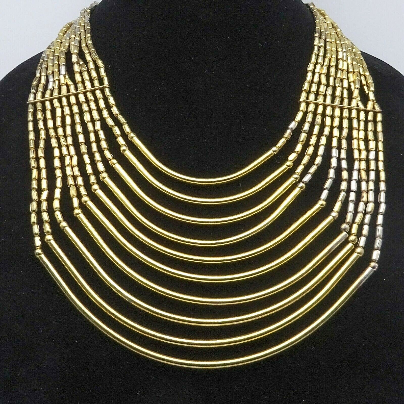Large Multi Strand Statemet Necklace 18" Two-toned Gold & Silver Metal Beads