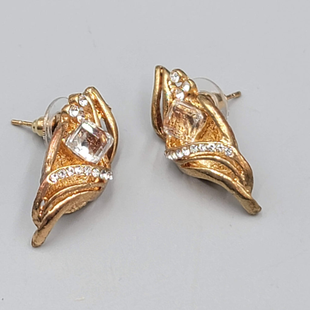Vintage Statement Drop Pierced Earrings Large Rhinestone Gold Plated 1.25"