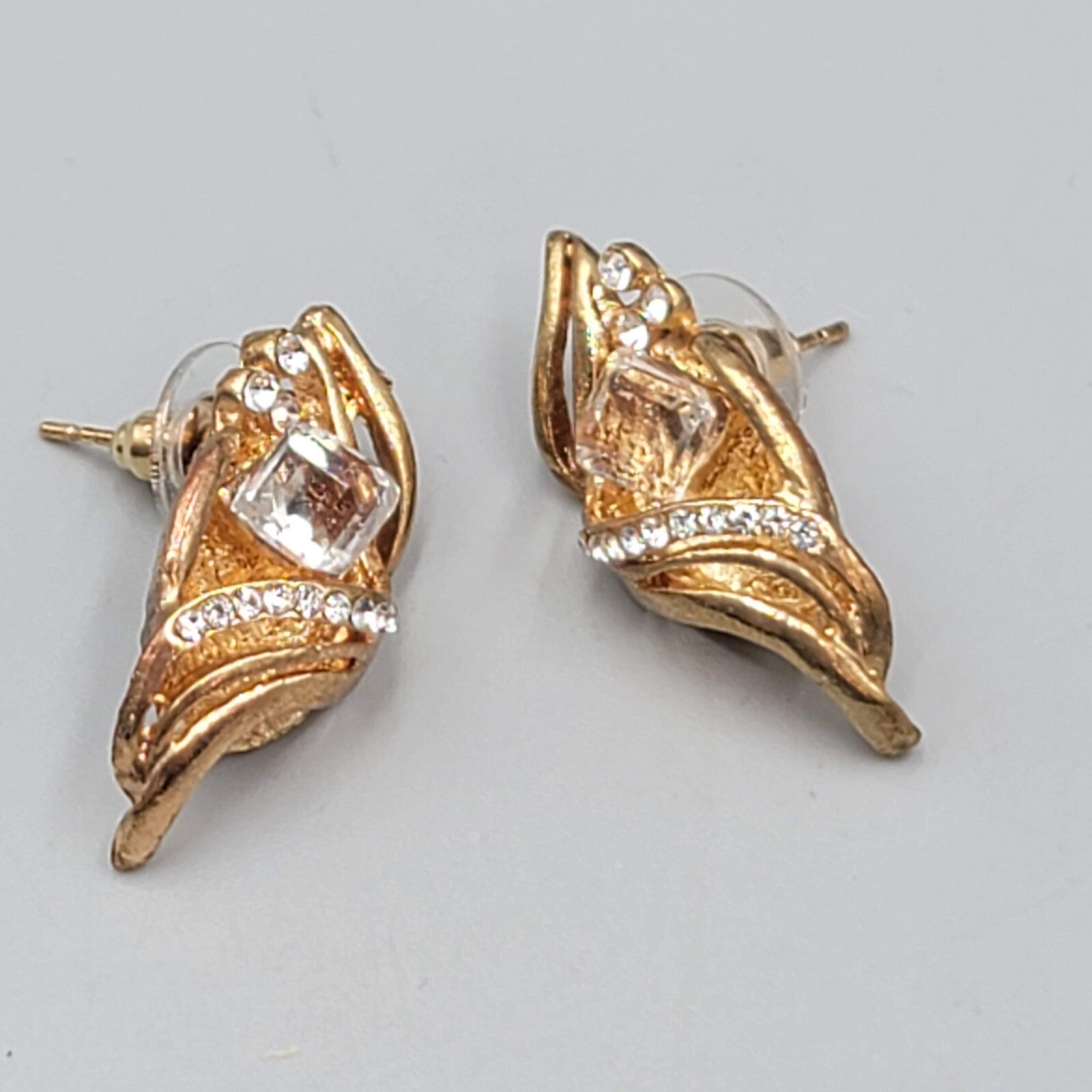 Vintage Statement Drop Pierced Earrings Large Rhinestone Gold Plated 1.25"