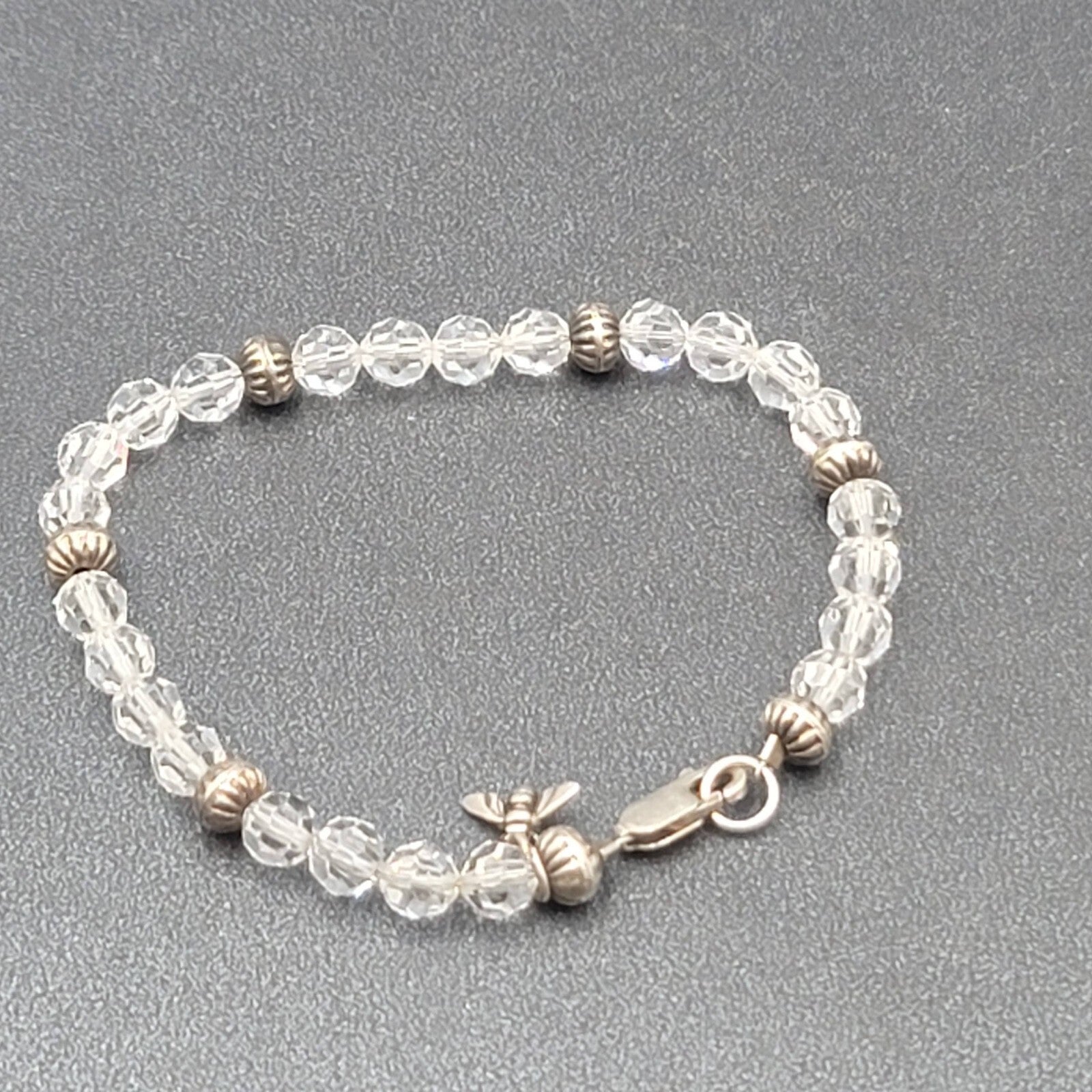 Sterling Silver Crystal Bead Bracelet Bee Charm 6 3/4"