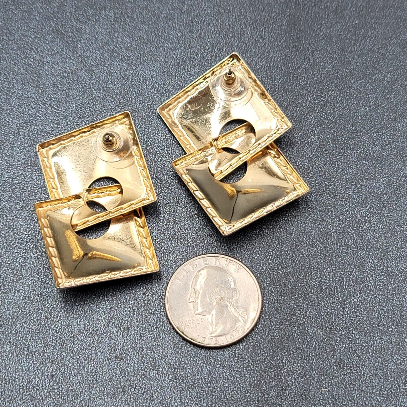 Vintage Pierced Earrings Gold tone Blue Teal Enamel Double Square Drop 2"