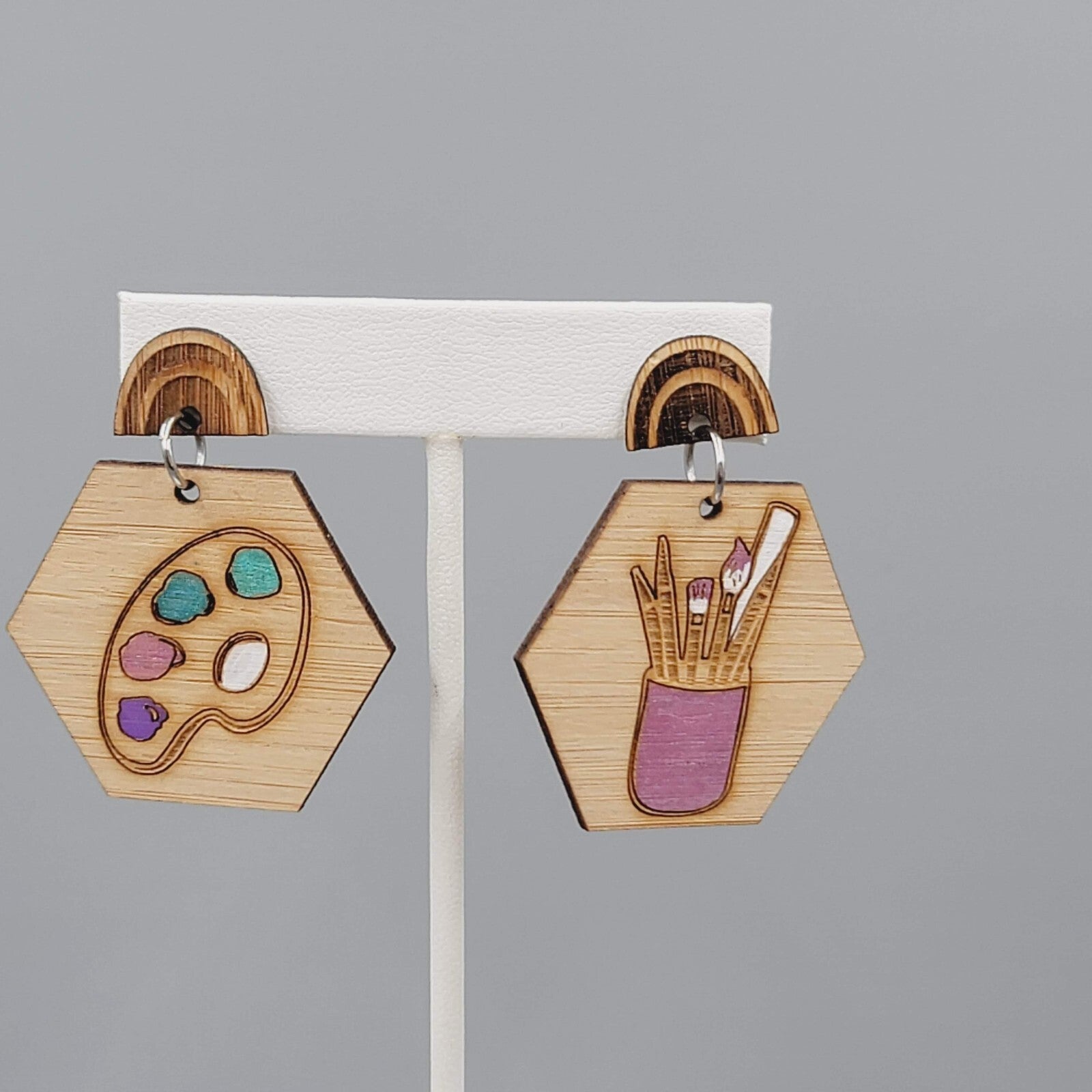 Artist Wood Pierced Earrings Engraved Paint Supplies Dangle 2"