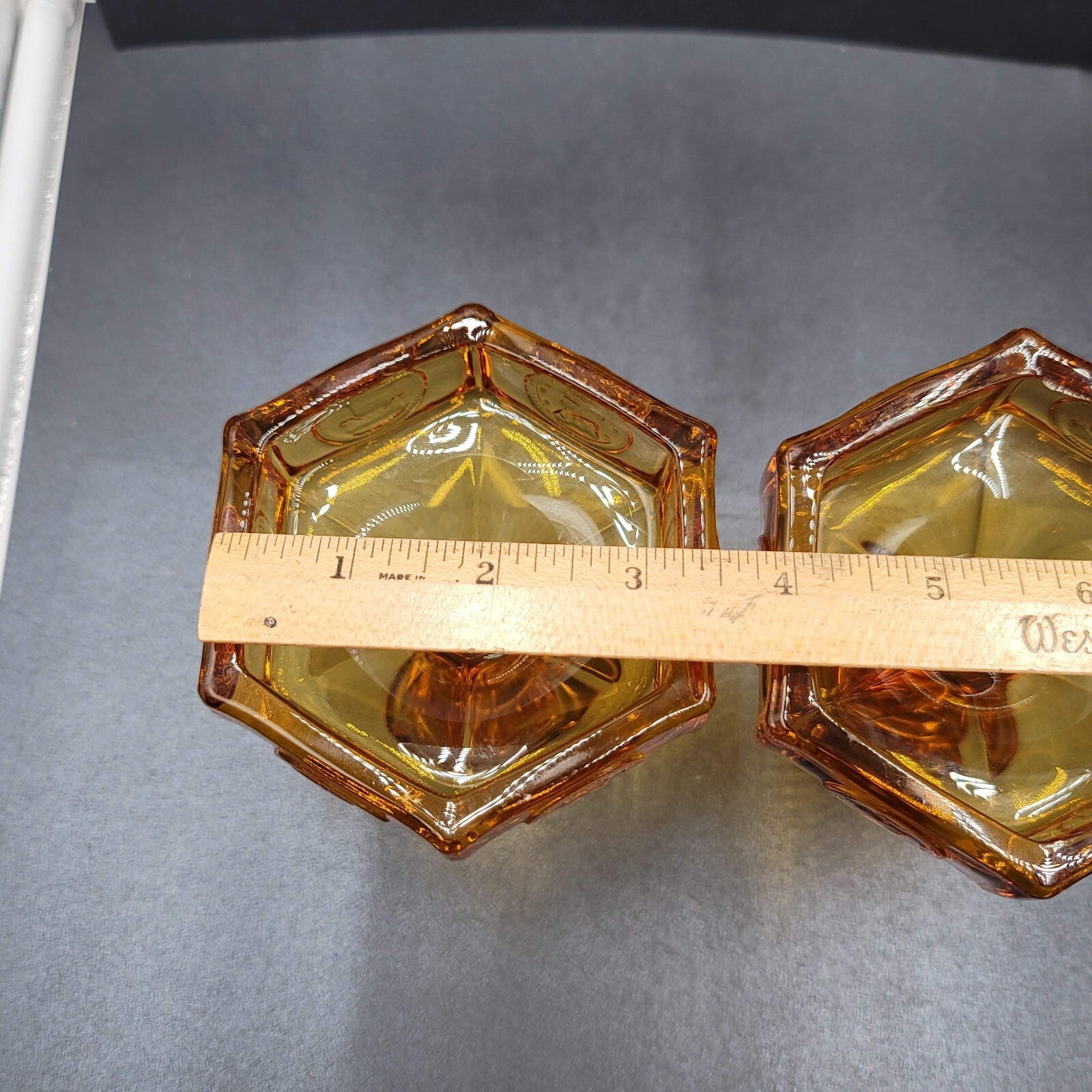 Pair Of Vintage Fostoria Amber Coin Glass Candle Stick Holders