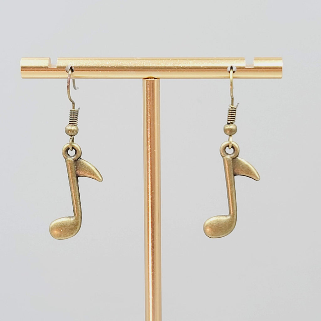 Music Eighth Note Pierced Earrings Bronze tone Dangle 7/8"