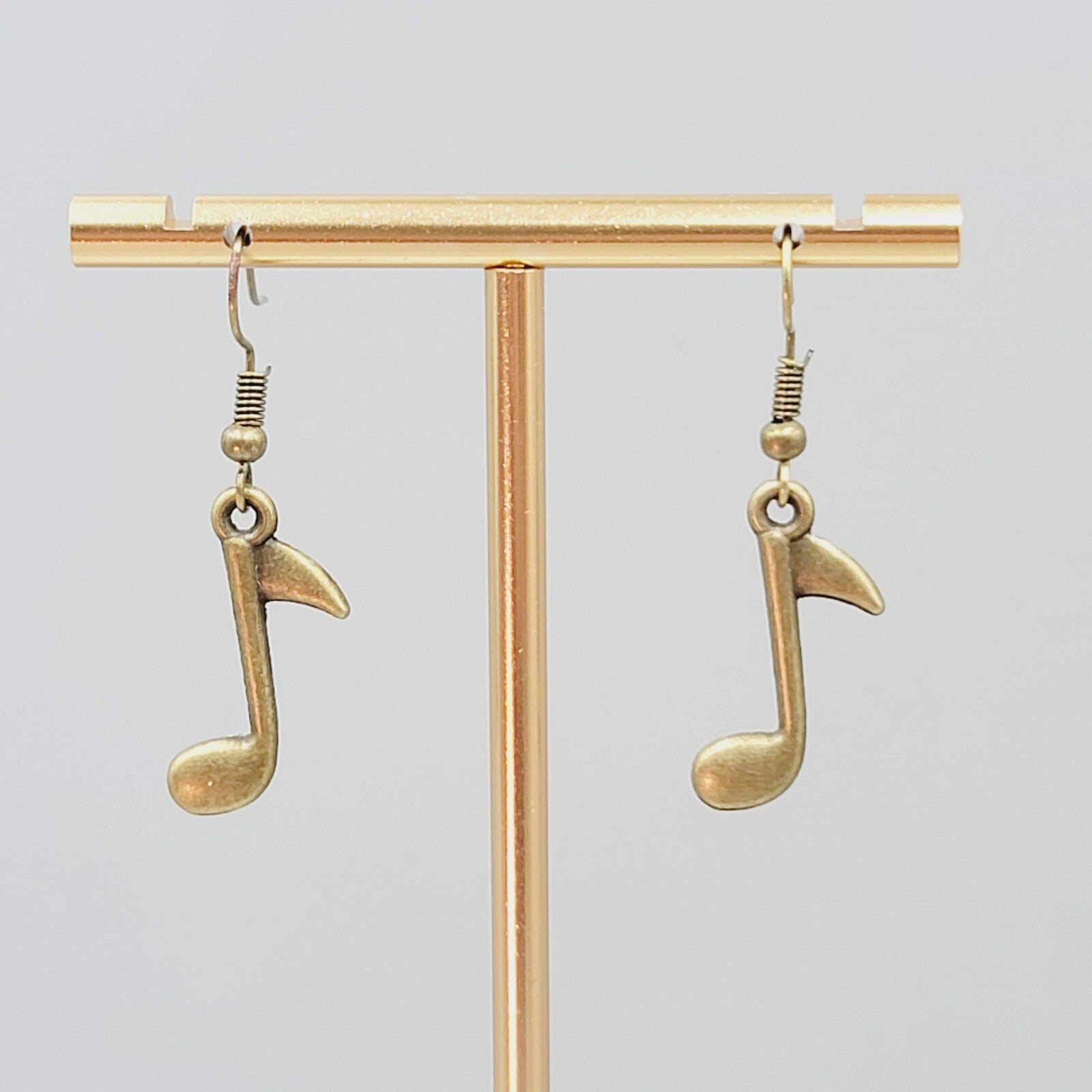 Music Eighth Note Pierced Earrings Bronze tone Dangle 7/8"
