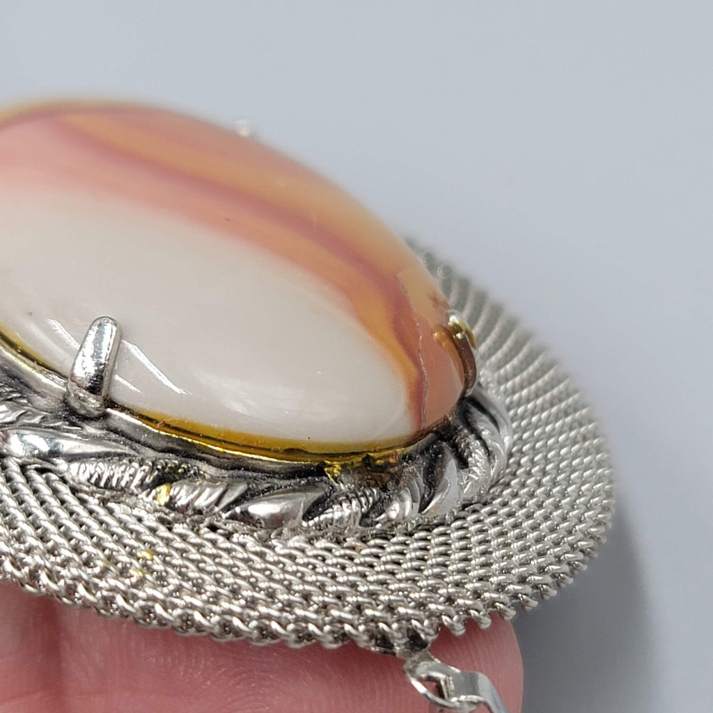 Vintage Large Pendant Necklace Silver tone Agate Oval Center 23" Chain
