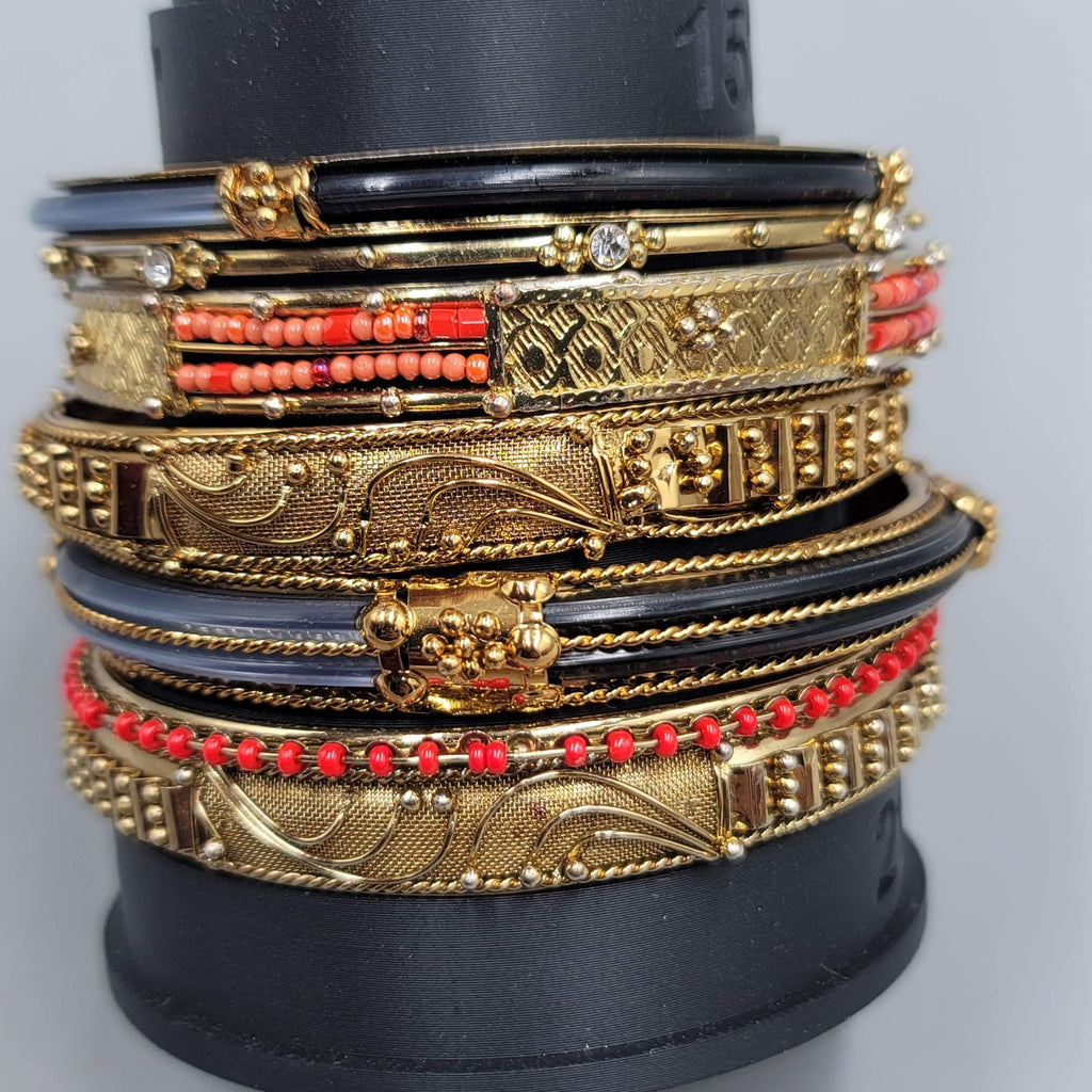 Gold Tone Black Enamel Red Bead Stackable Bangle Bracelet Lot of 7 Ethnic Indian