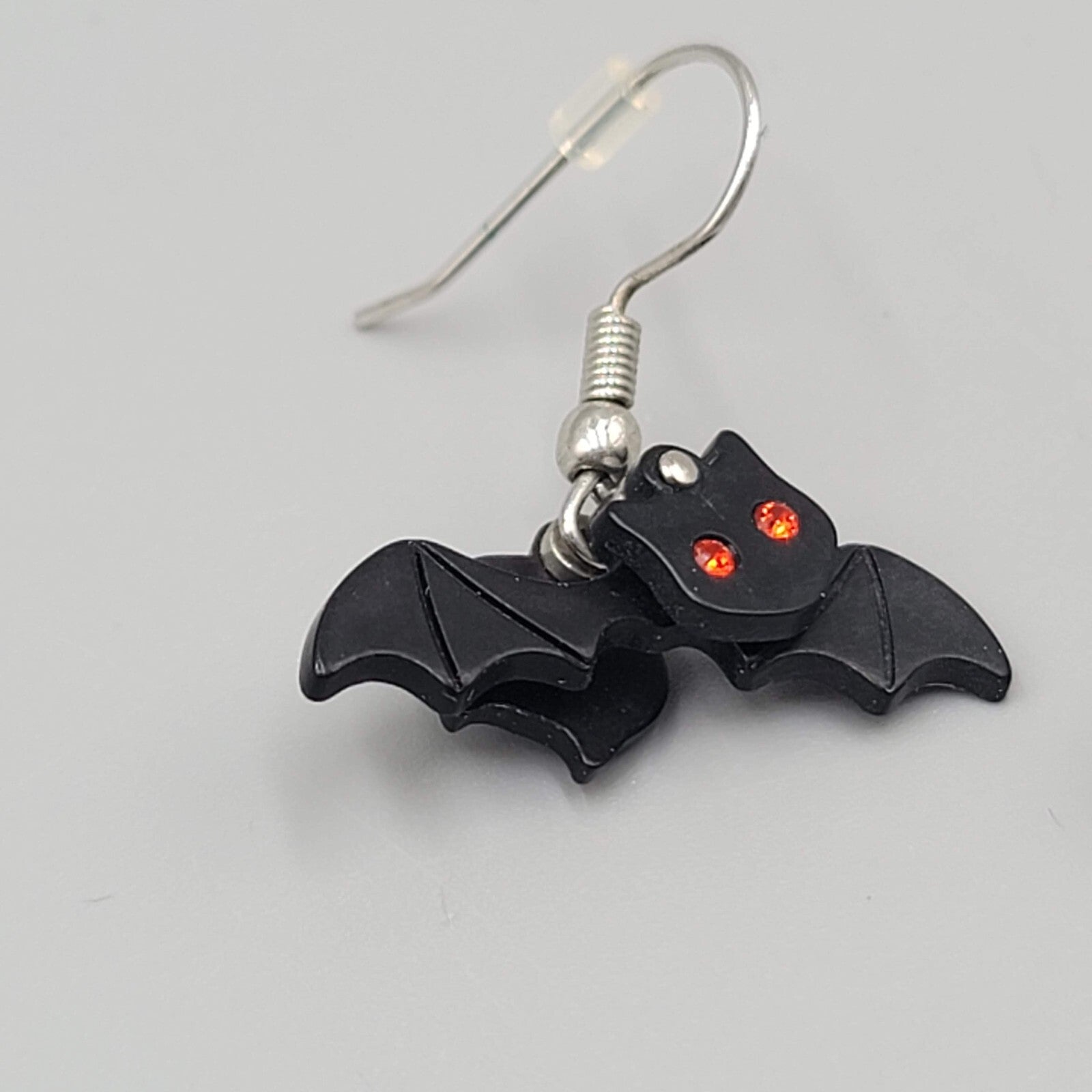 Bat Pierced Earrings Articulated Layered Dangle Red Rhinestone Eyes 1" x 1/2"