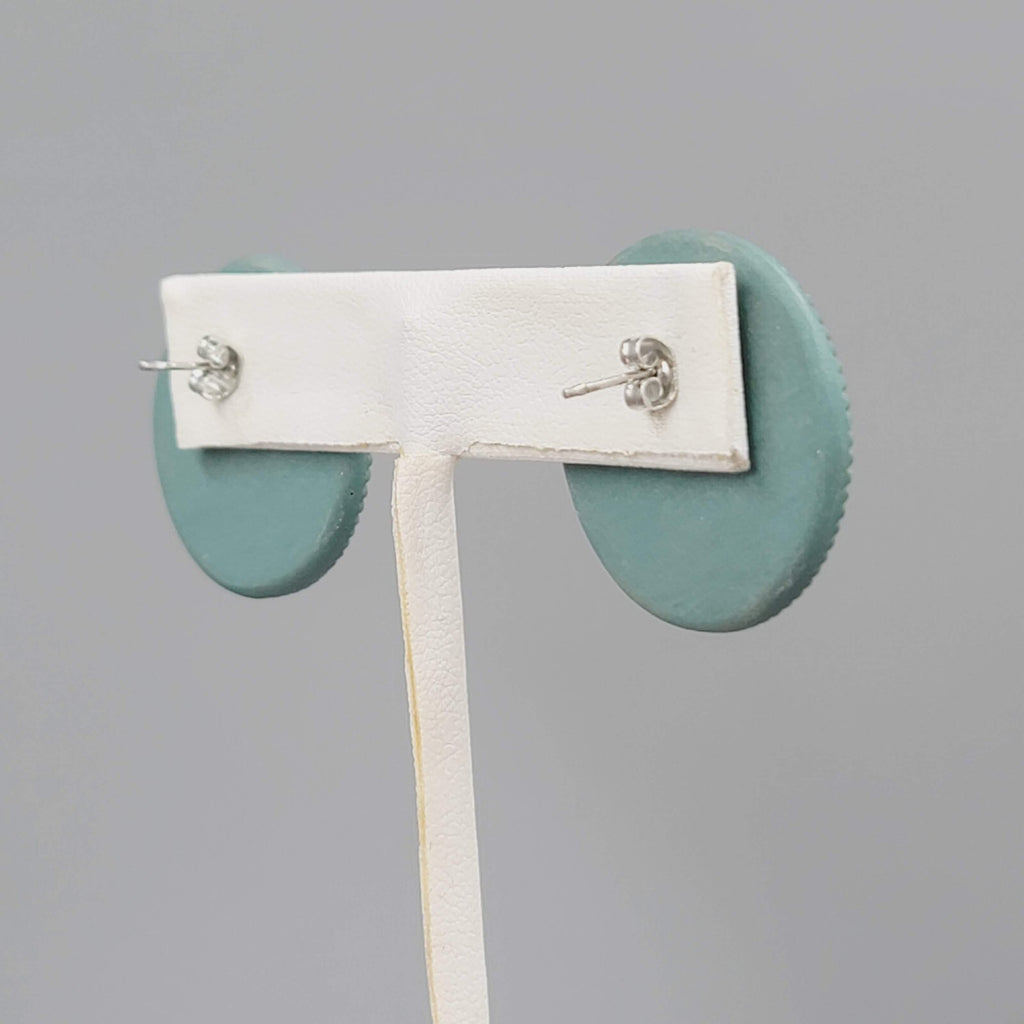 Vintage Embossed Pierced Earrings Green-Blue Round 1"