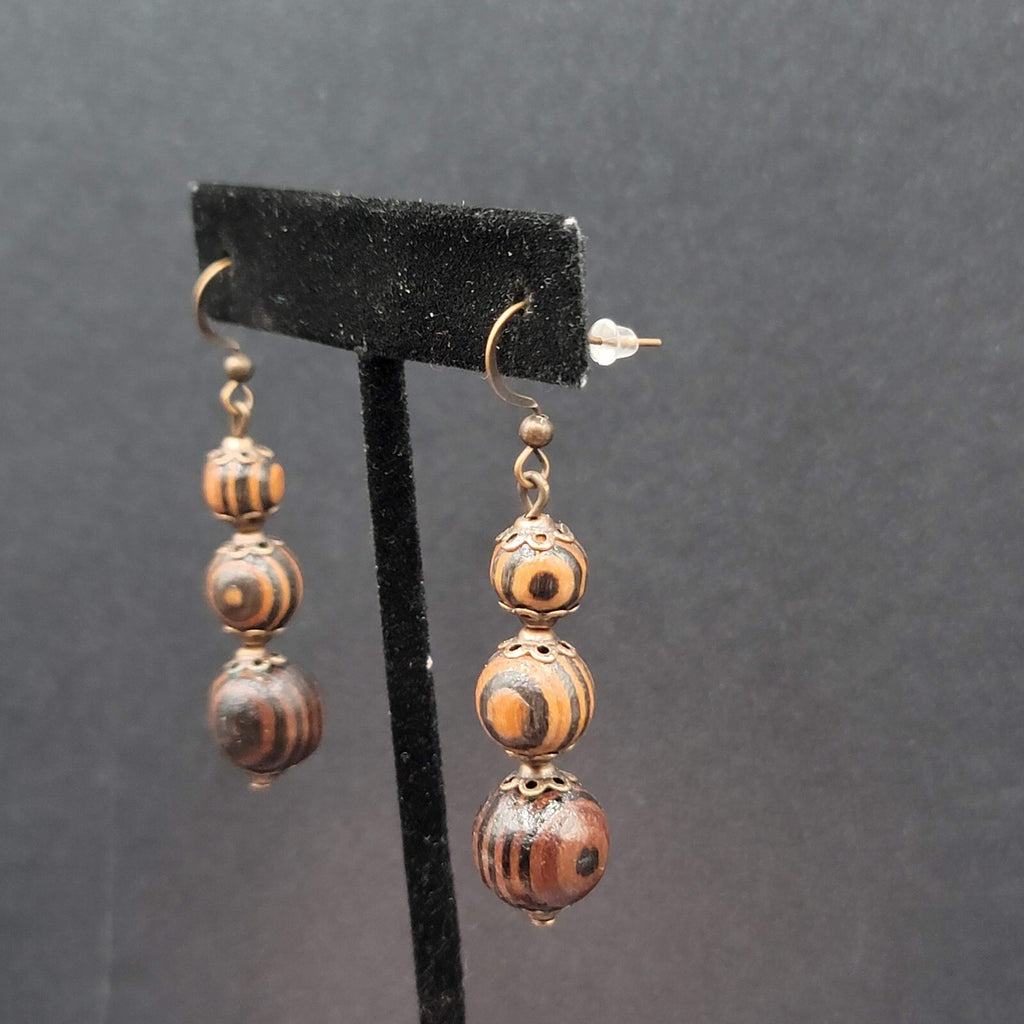 New Boho Pierced Earrings Copper tone Capped Wood Beads Dangle 1.5"