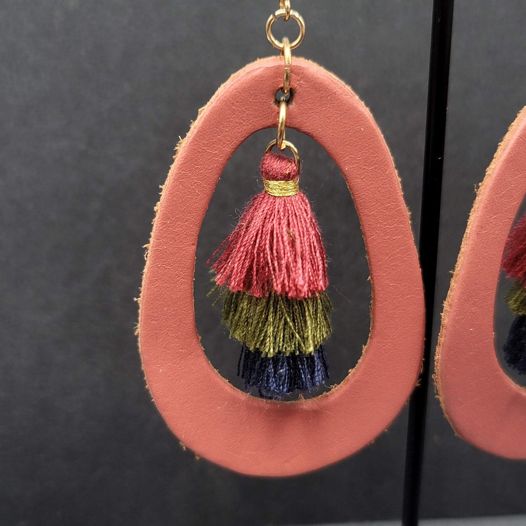 Pierced Earrings Dusty Rose Pink Leather Teardrop Tassel Boho Art  2.5"