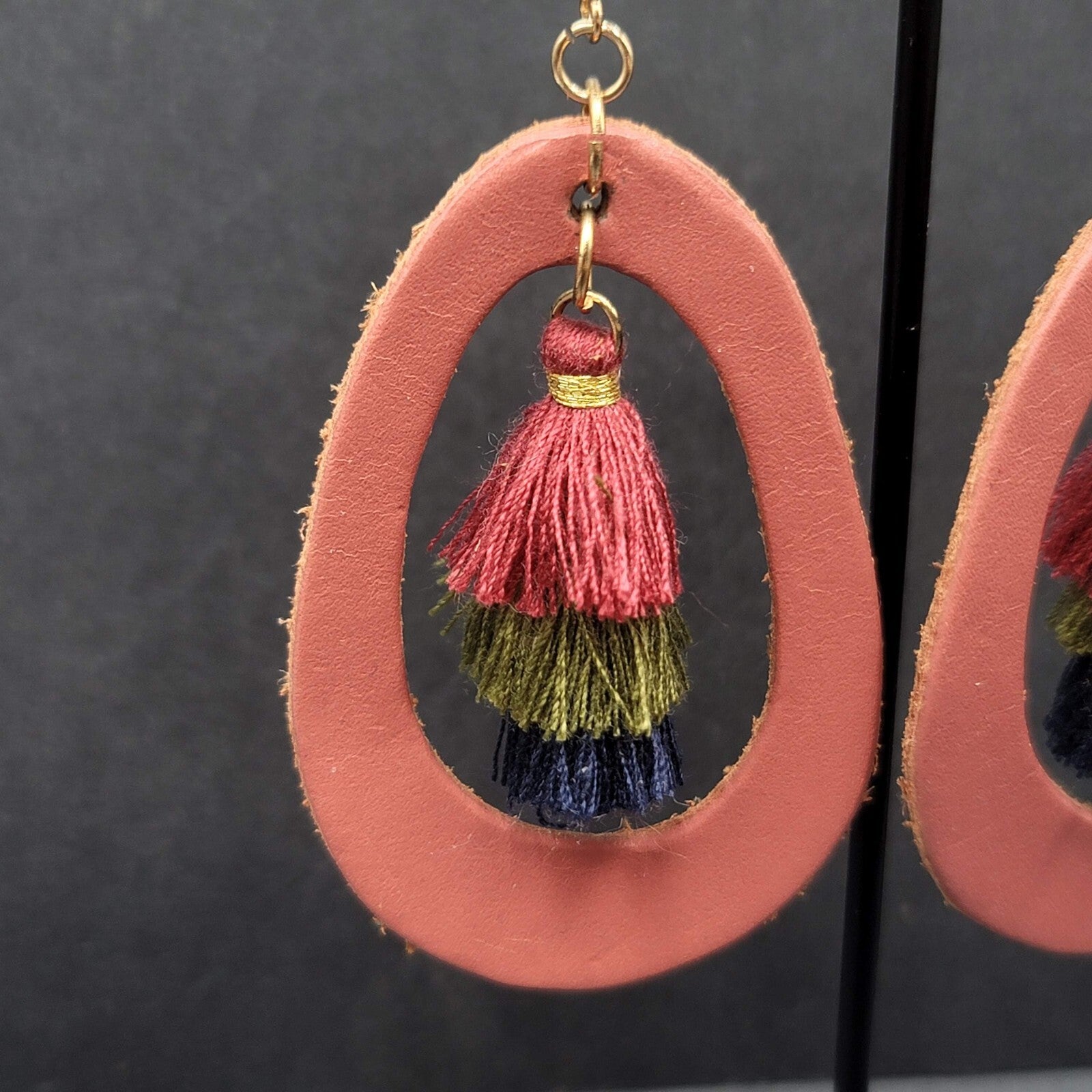 Pierced Earrings Dusty Rose Pink Leather Teardrop Tassel Boho Art  2.5"