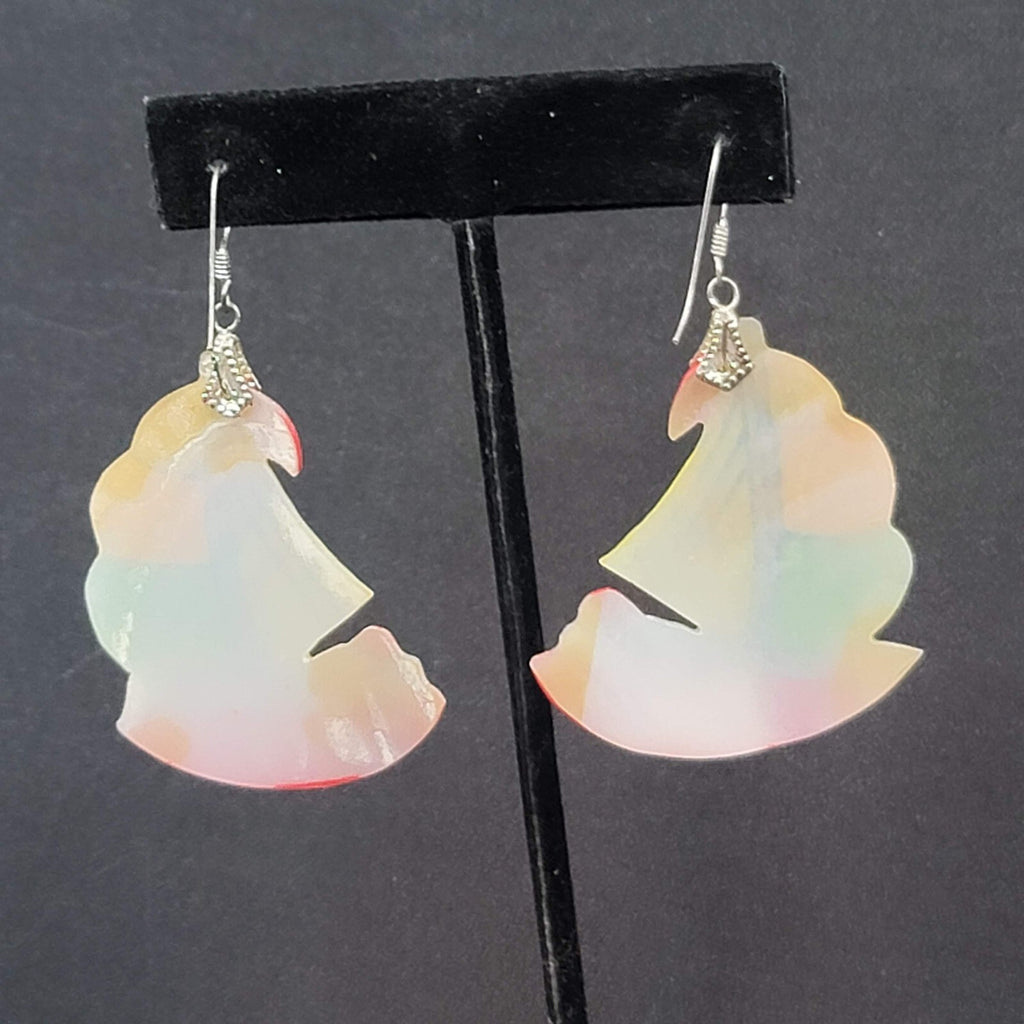 Vintage Sailboat Pierced Earrings Hand Painted Mother of Pearl Carved Shell 2"