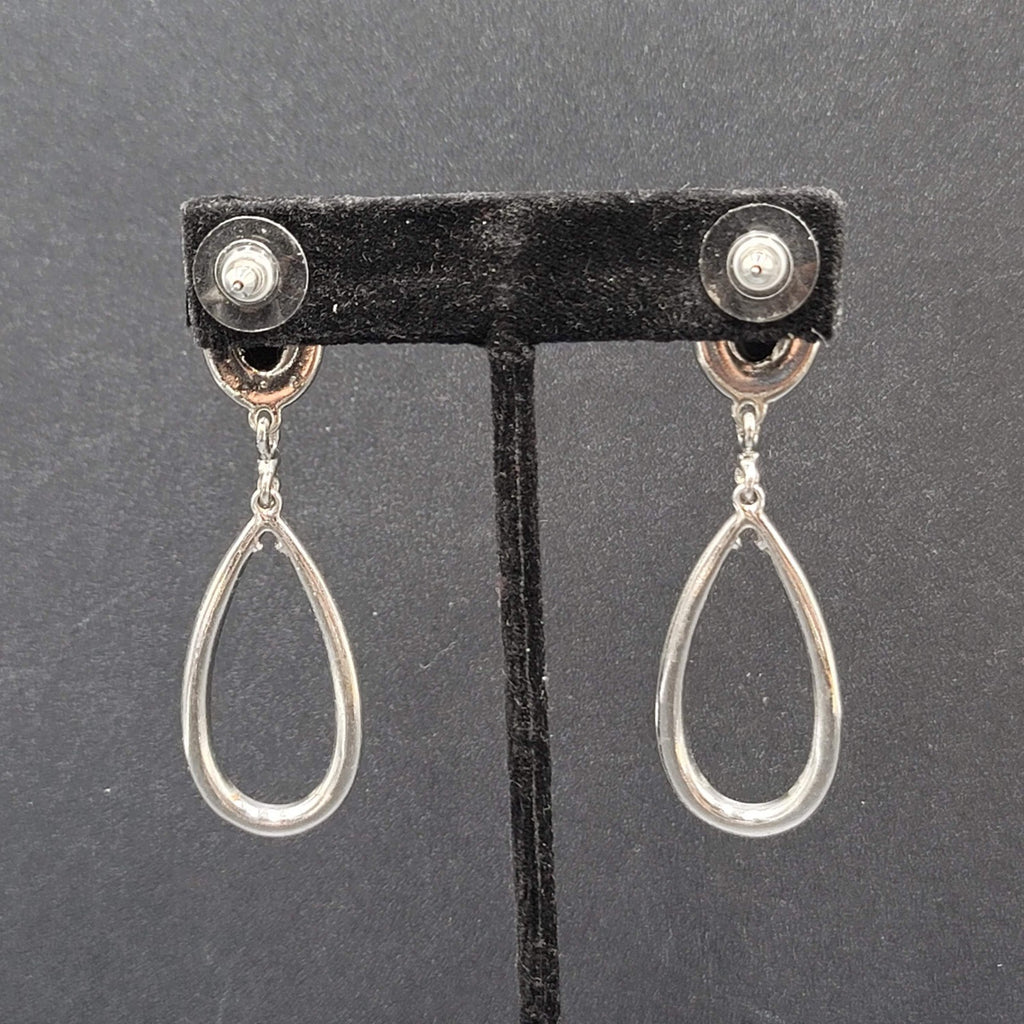 Pierced Earrings Silver tone Black Accent Crystal Rhinestones Dangle 2.5"