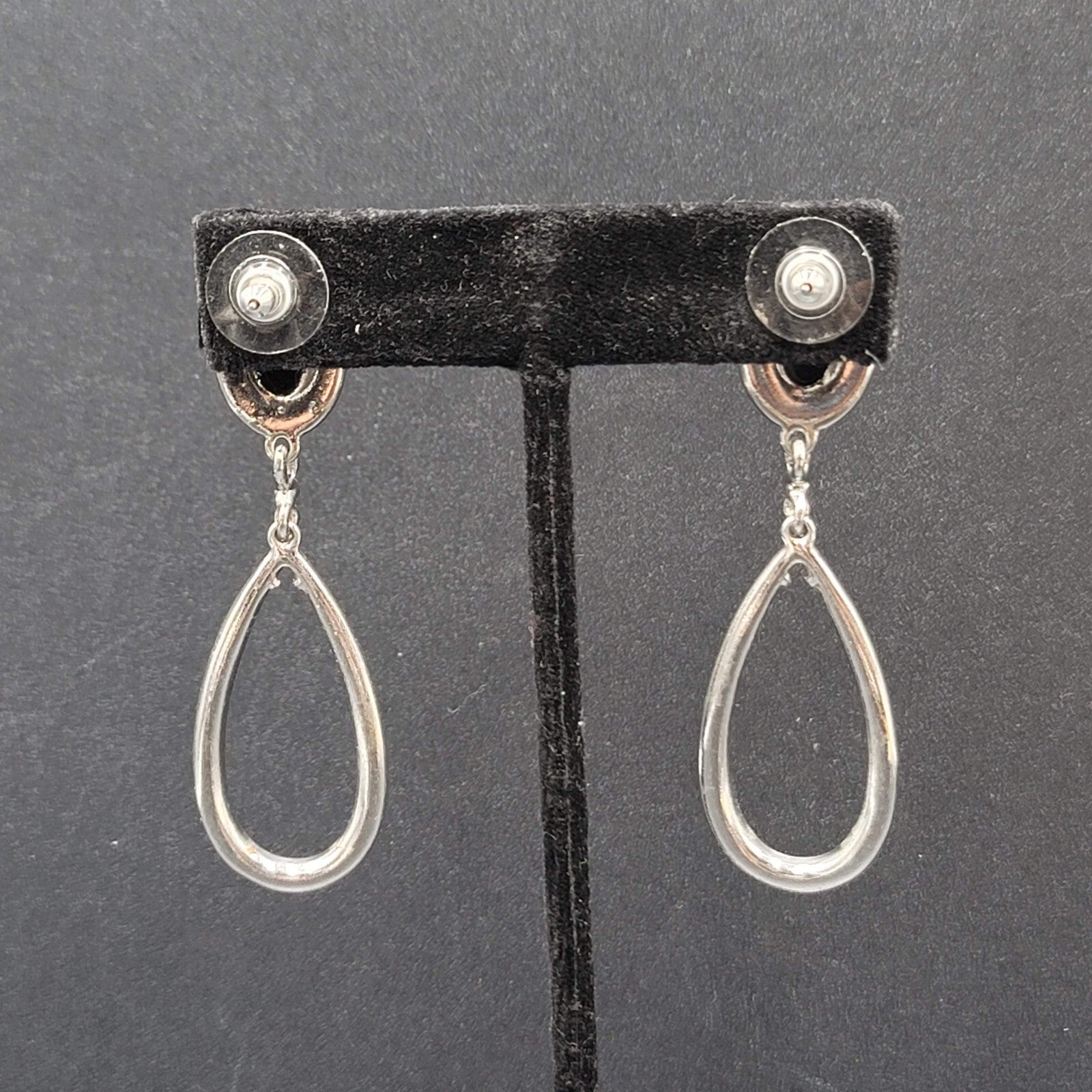 Pierced Earrings Silver tone Black Accent Crystal Rhinestones Dangle 2.5"