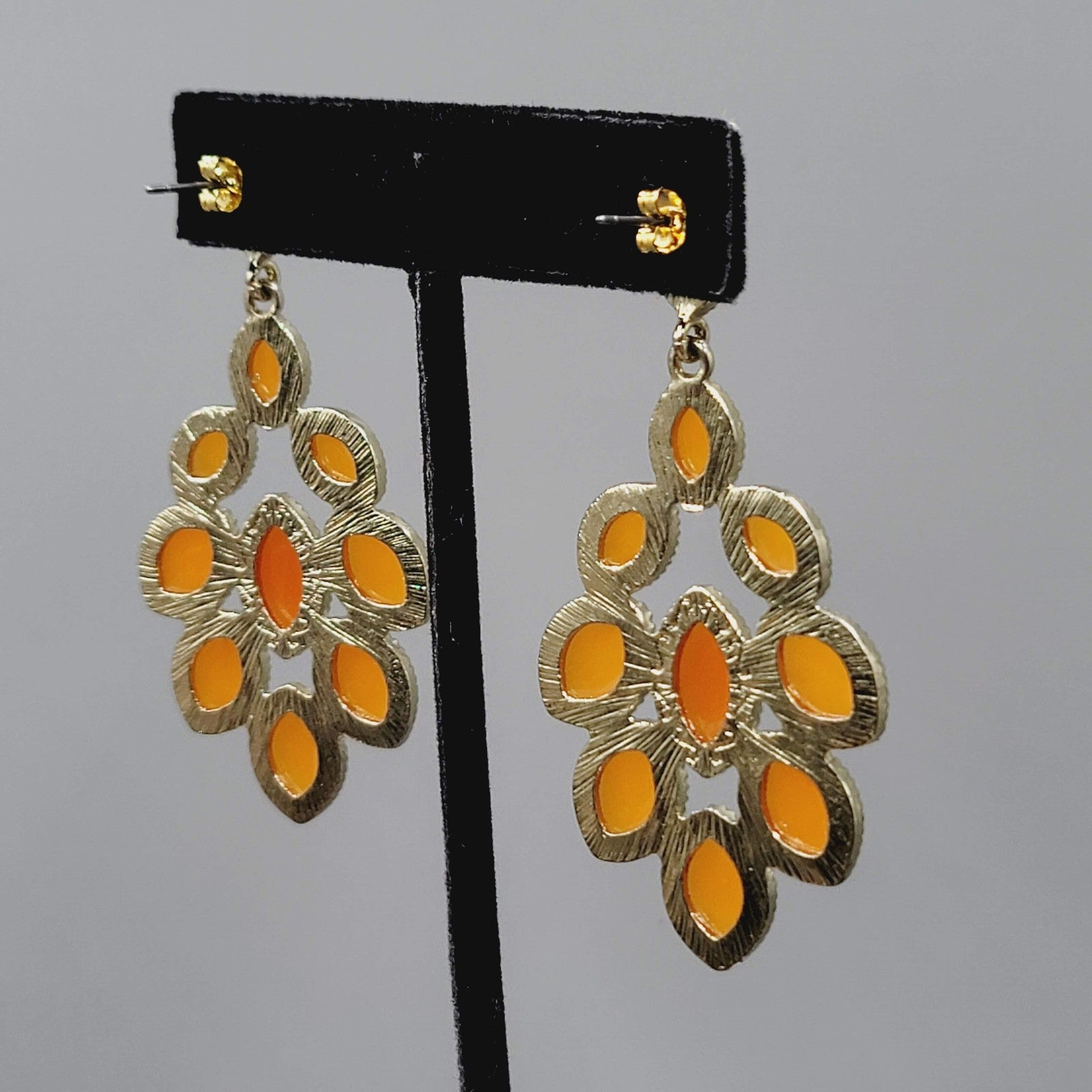 Statement Dangle Pierced Earrings Gold Tone Faceted Orange Bold Costume 2.5"