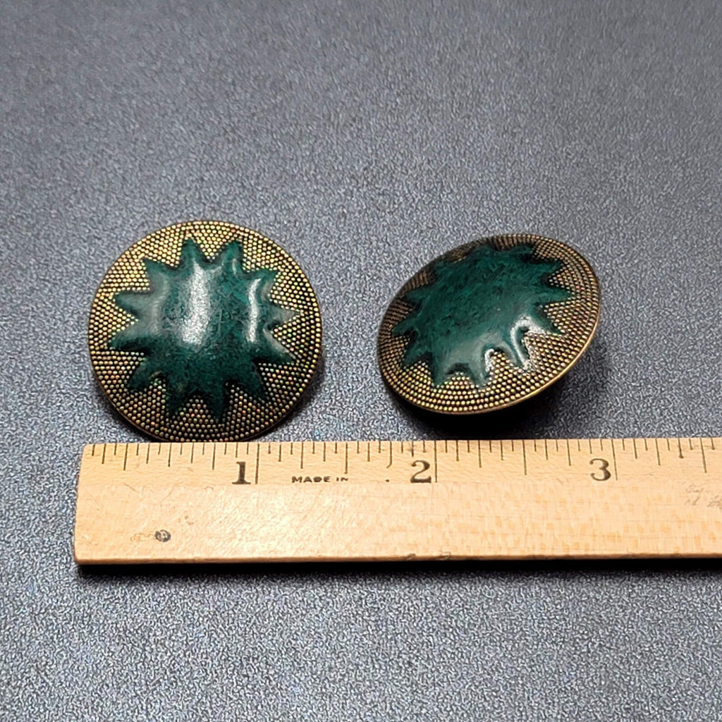 Vintage Pierced Earrings Large Gold tone Green Enamel Statement Round 1 3/8"