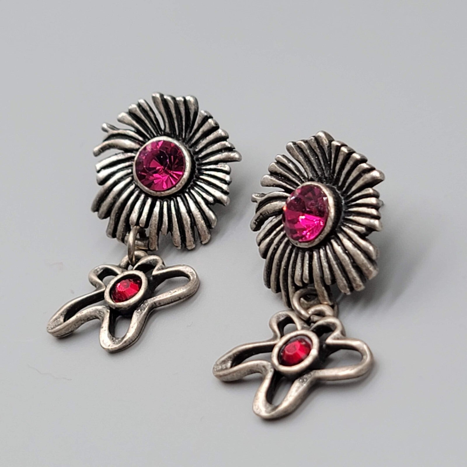 Chicos Flower Pierced Earrings Purple Red Rhinestone Silver tone Dangle 1.5"
