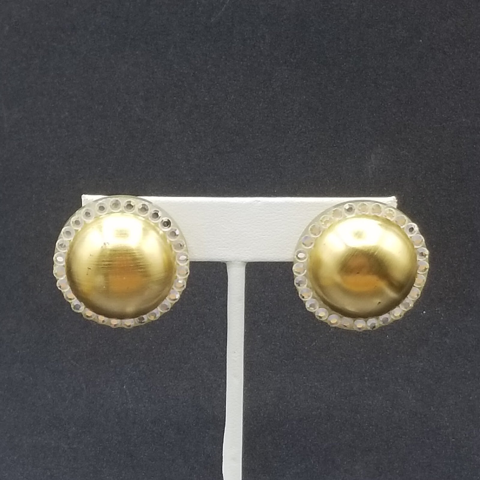 Clip on Earrings Gold tone Crystal Dome Acrylic Button Style Drop Stud 1 3/8" A
