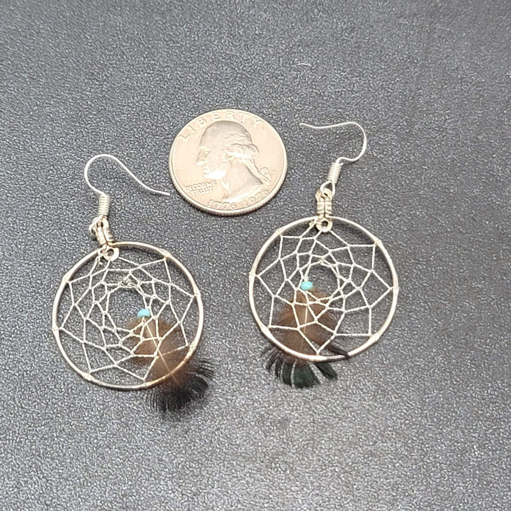 Vintage Pierced Earrings Silver tone Dreamcatcher Real Feather  1.5"